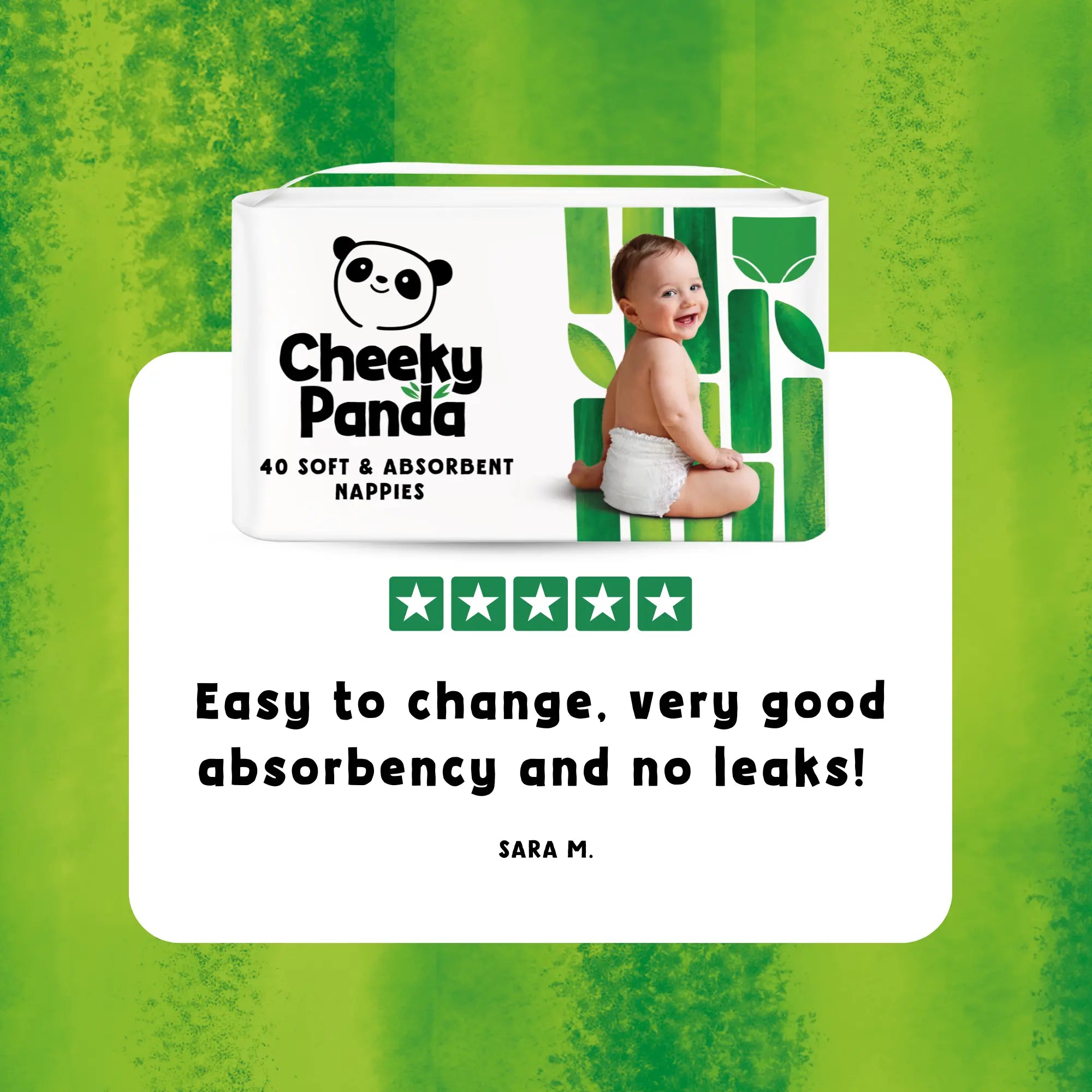 A packet of Cheeky Panda nappies with a five-star review for absorbency and no leaks.