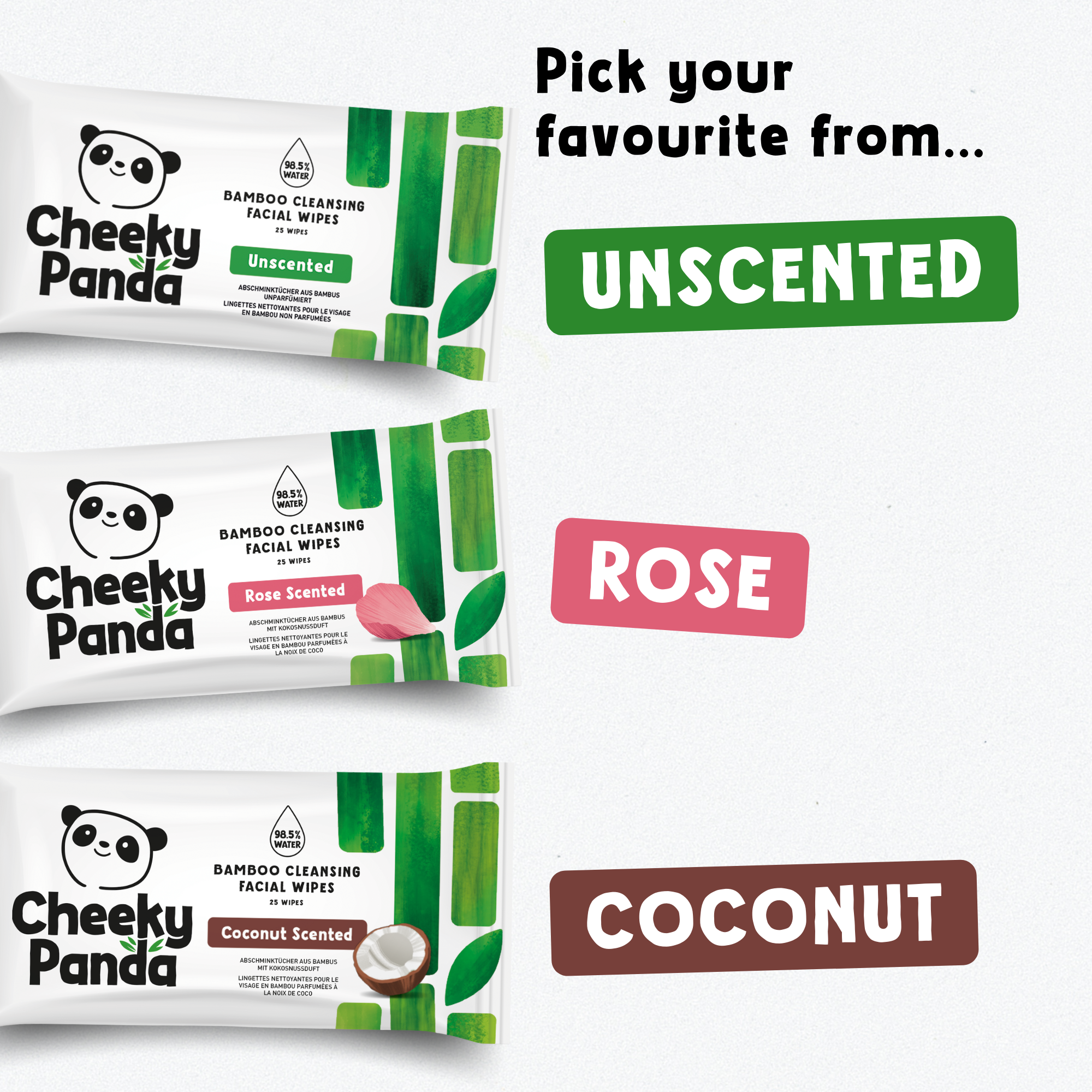 Three packs of Cheeky Panda facial wipes: unscented, rose, and coconut, for choosing a favourite.
