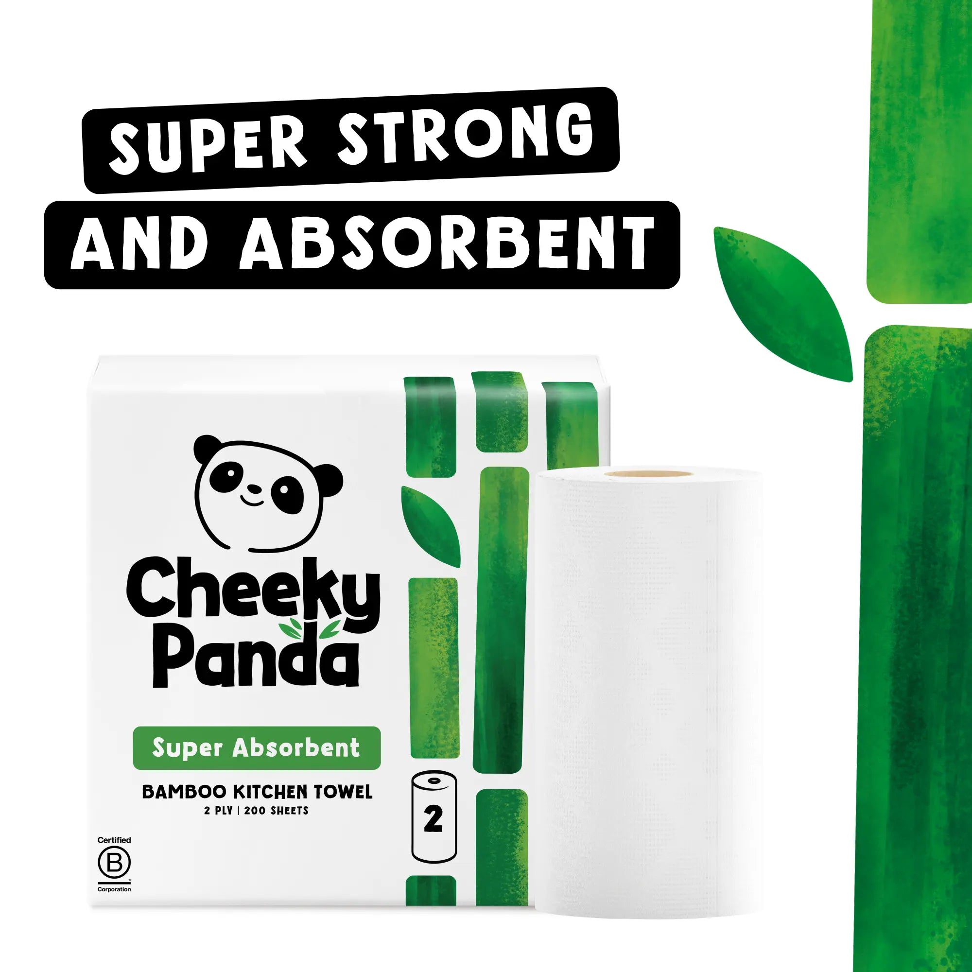 Cheeky Panda kitchen towel packaging and roll with text 'Super strong and absorbent'.