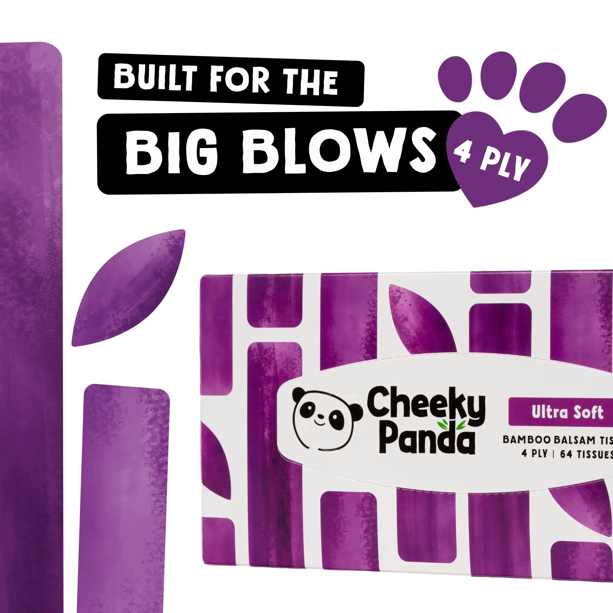 A box of Cheeky Panda Ultra Soft tissues with text 'Built for the big blows' and '4 ply'.