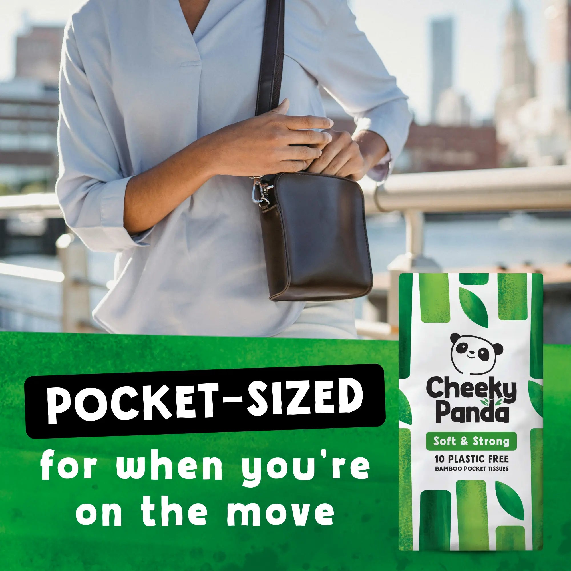 A person putting a packet of Cheeky Panda pocket-sized tissues into a handbag, with text 'POCKET-SIZED for when you're on the move'.