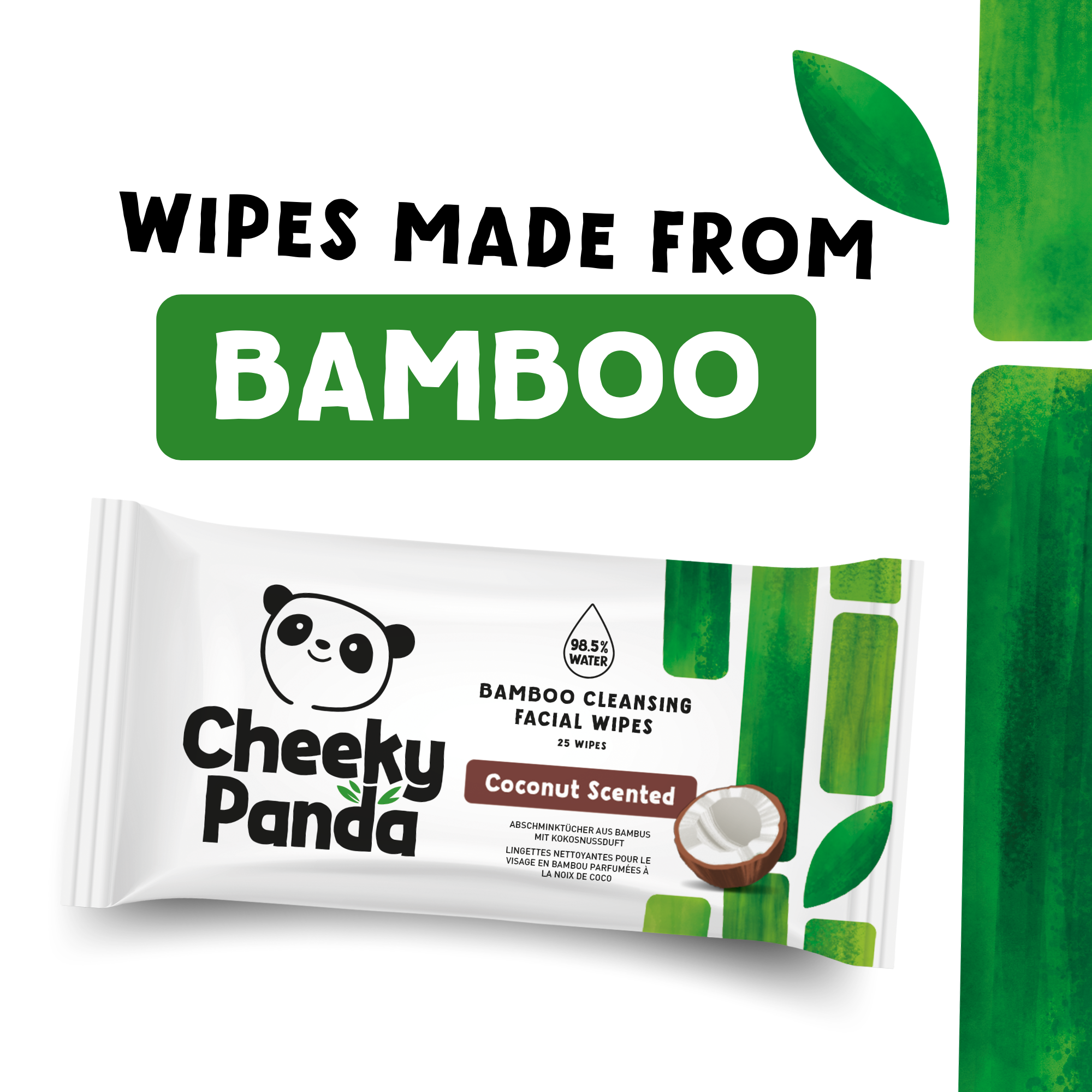 Cheeky Panda coconut facial wipes packaging with text 'Wipes made from bamboo'.