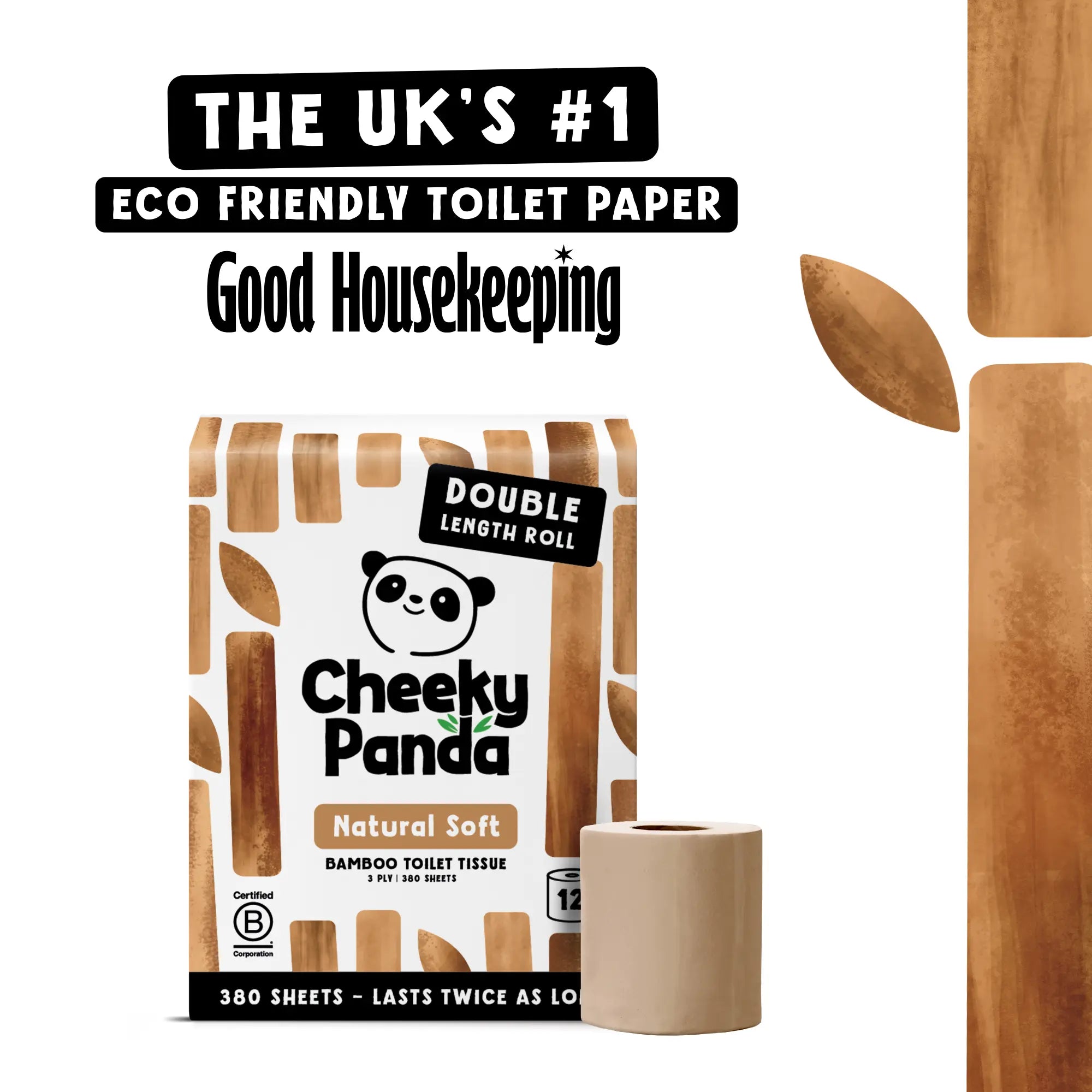 A pack of Cheeky Panda toilet tissue with text 'The UK's #1 Eco Friendly Toilet Paper Good Housekeeping'.