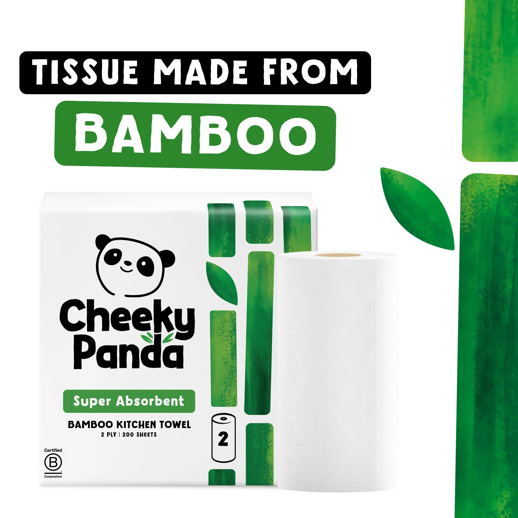 Cheeky Panda kitchen towel packaging and roll with text 'Tissue made from bamboo'.