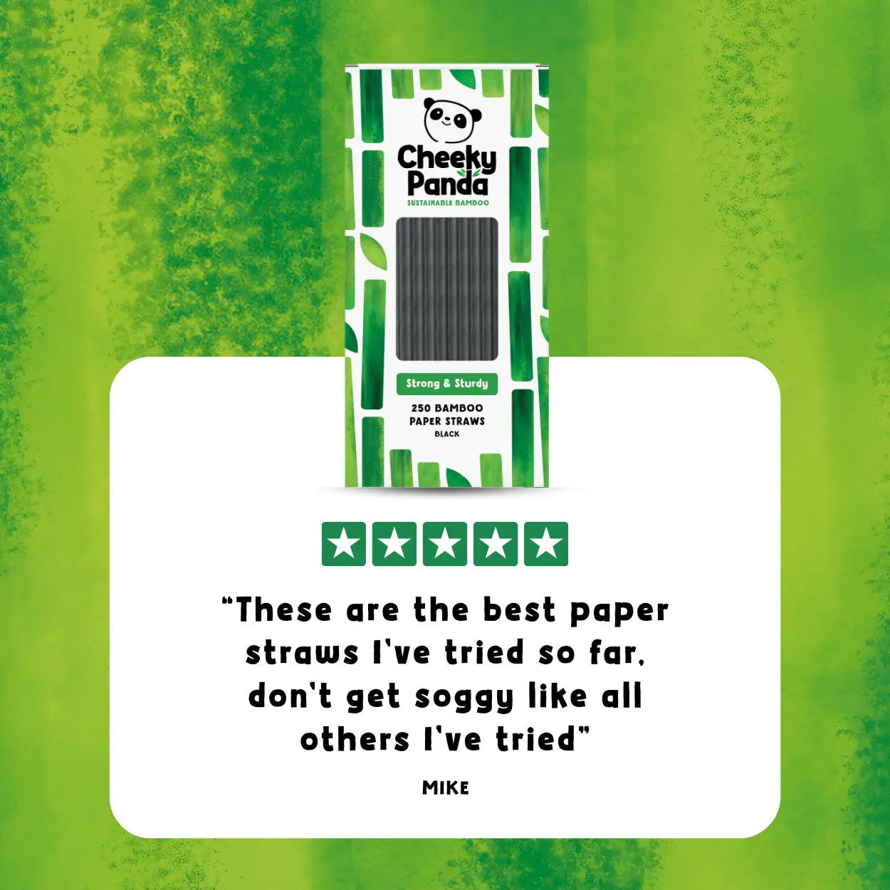 Cheeky Panda bamboo straw pack with a customer review on a green background