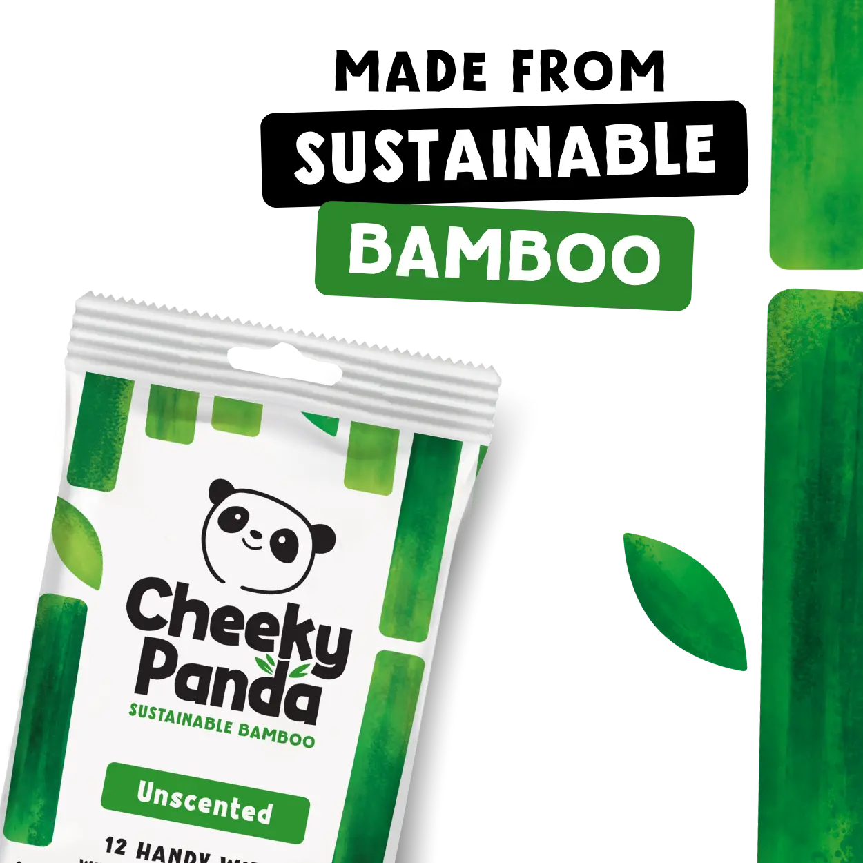 Cheeky Panda handy wipes packaging with sustainable bamboo text on a white background