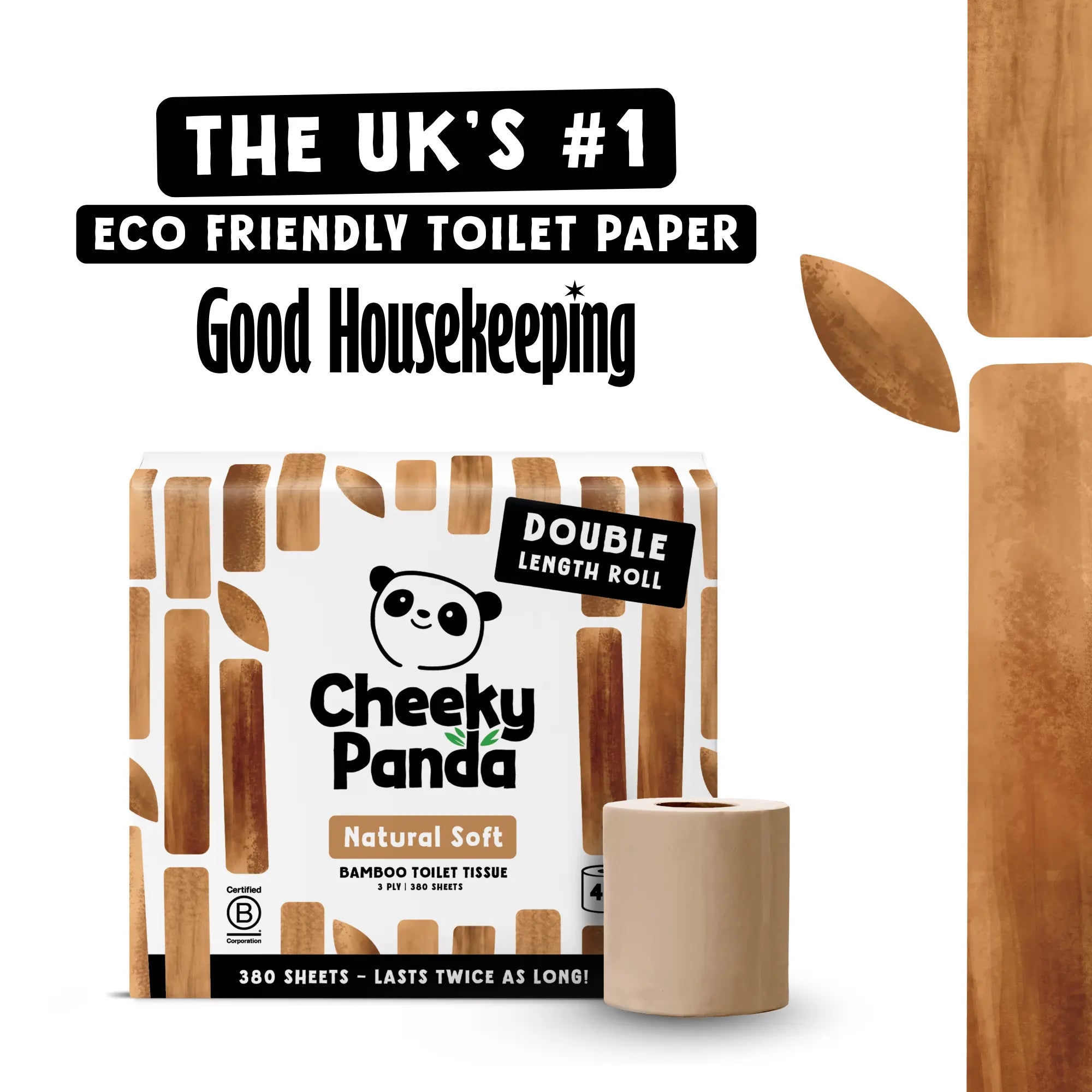 A pack of Cheeky Panda toilet tissue with text 'The UK's #1 Eco Friendly Toilet Paper Good Housekeeping'.