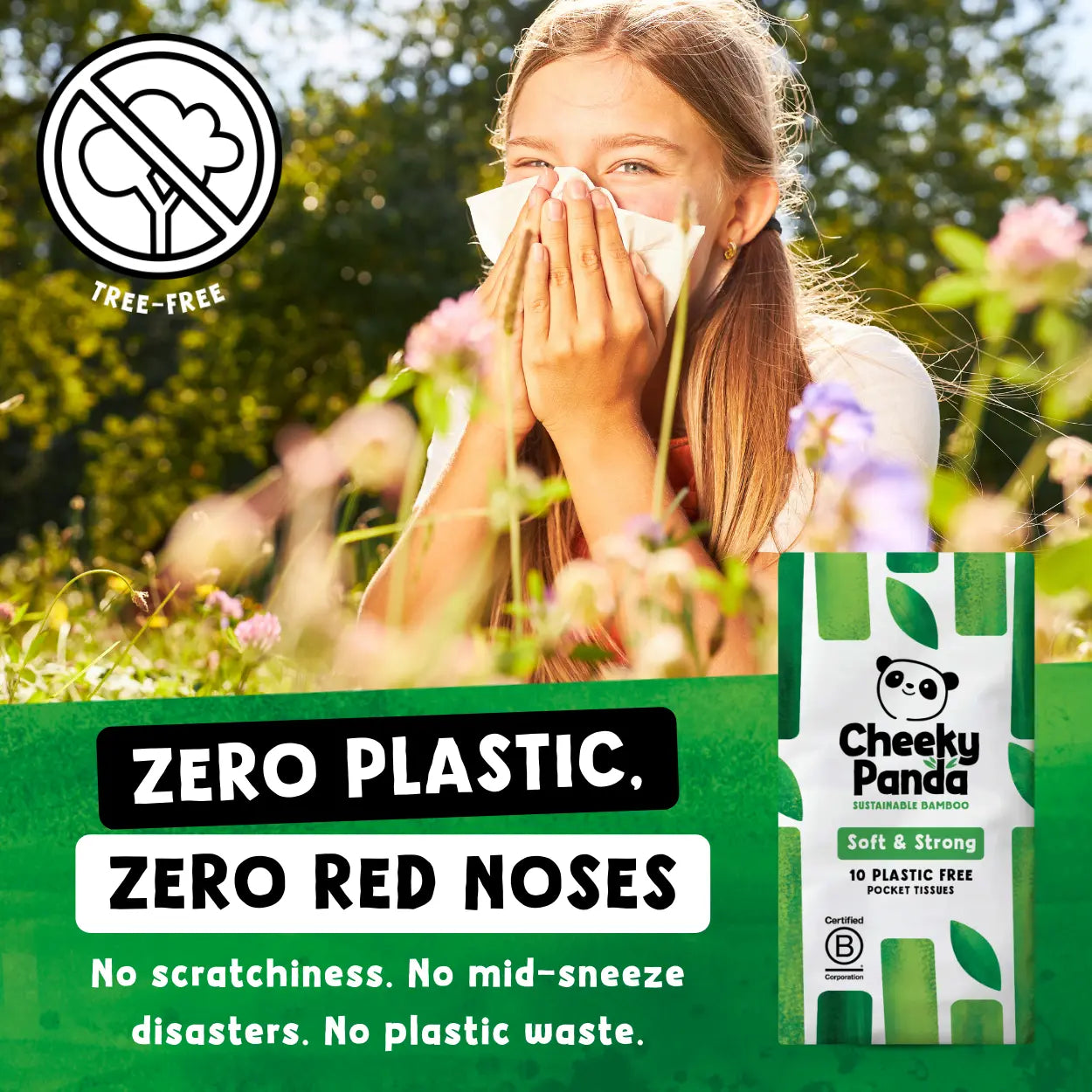 Girl blowing her nose with a Cheeky Panda product in a natural setting, emphasizing zero plastic and tree-free tissues.