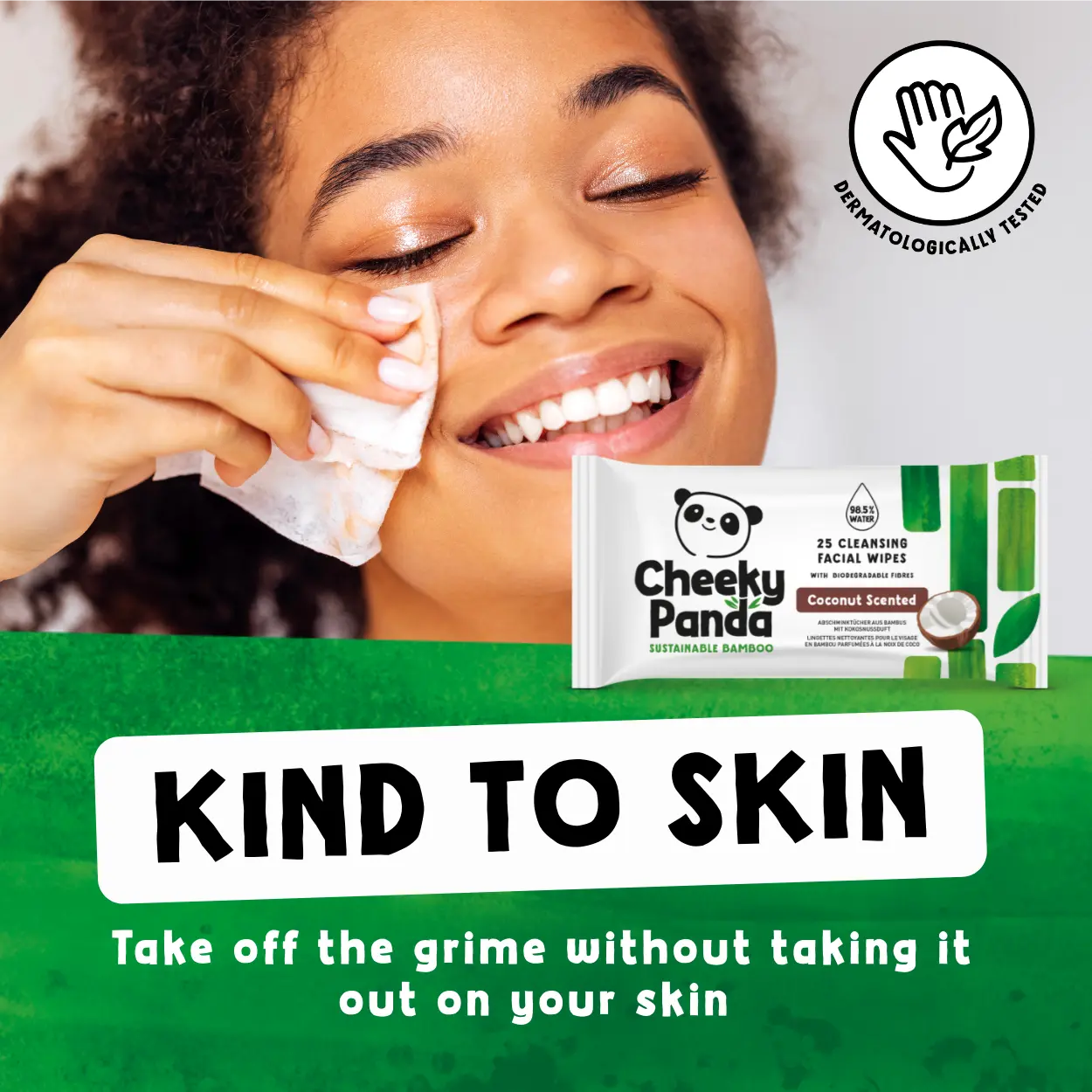 Person using Cheeky Panda facial wipes with product packaging and branding elements.