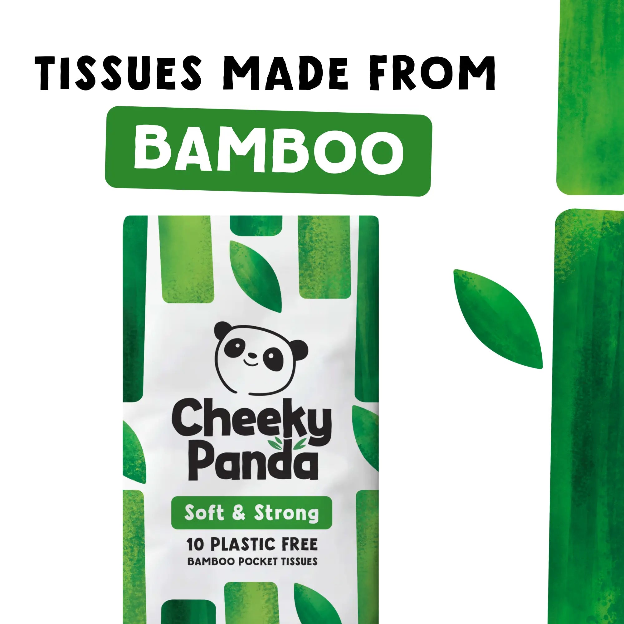 A packet of Cheeky Panda tissues with text 'TISSUES MADE FROM BAMBOO' and bamboo stalks in the background.