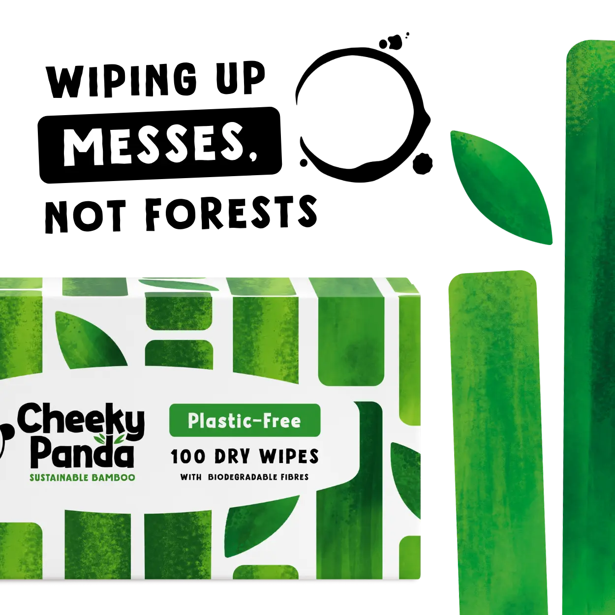 Cheeky Panda dry wipes packaging with green design and text about sustainability.