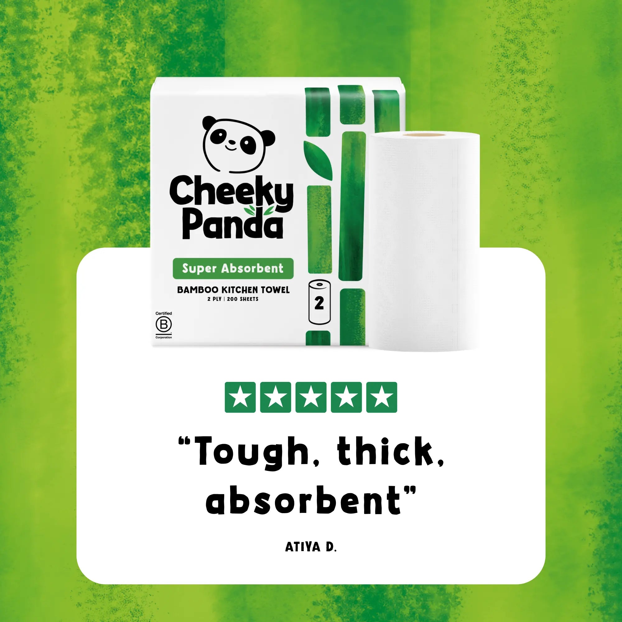 Cheeky Panda kitchen towel packaging and roll with a customer review: 'Tough, thick, absorbent'.