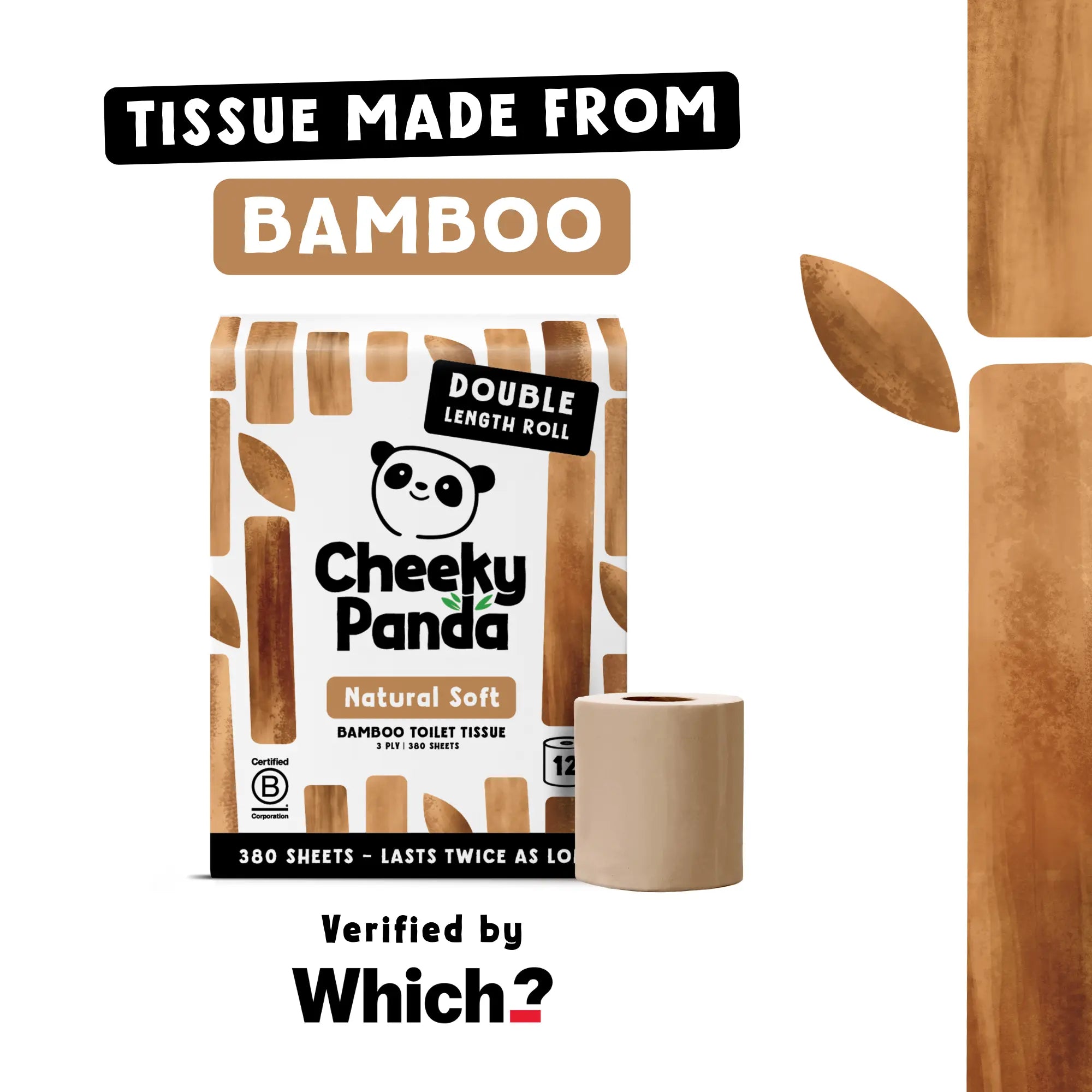 A pack of Cheeky Panda toilet tissue and a roll with text 'Tissue Made From Bamboo Verified by Which?'.