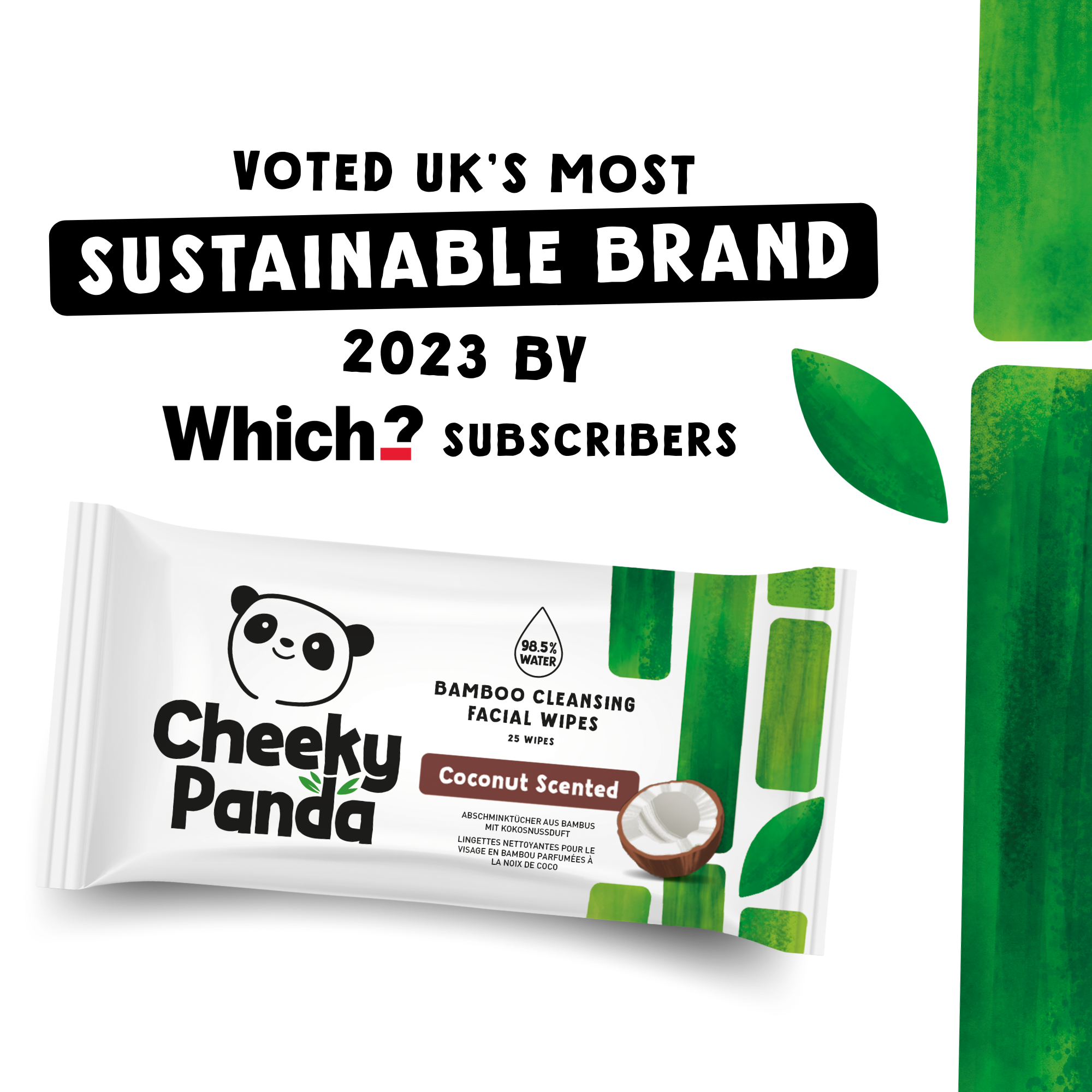Cheeky Panda coconut facial wipes pack, highlighting 'Voted UK's Most Sustainable Brand 2023'.