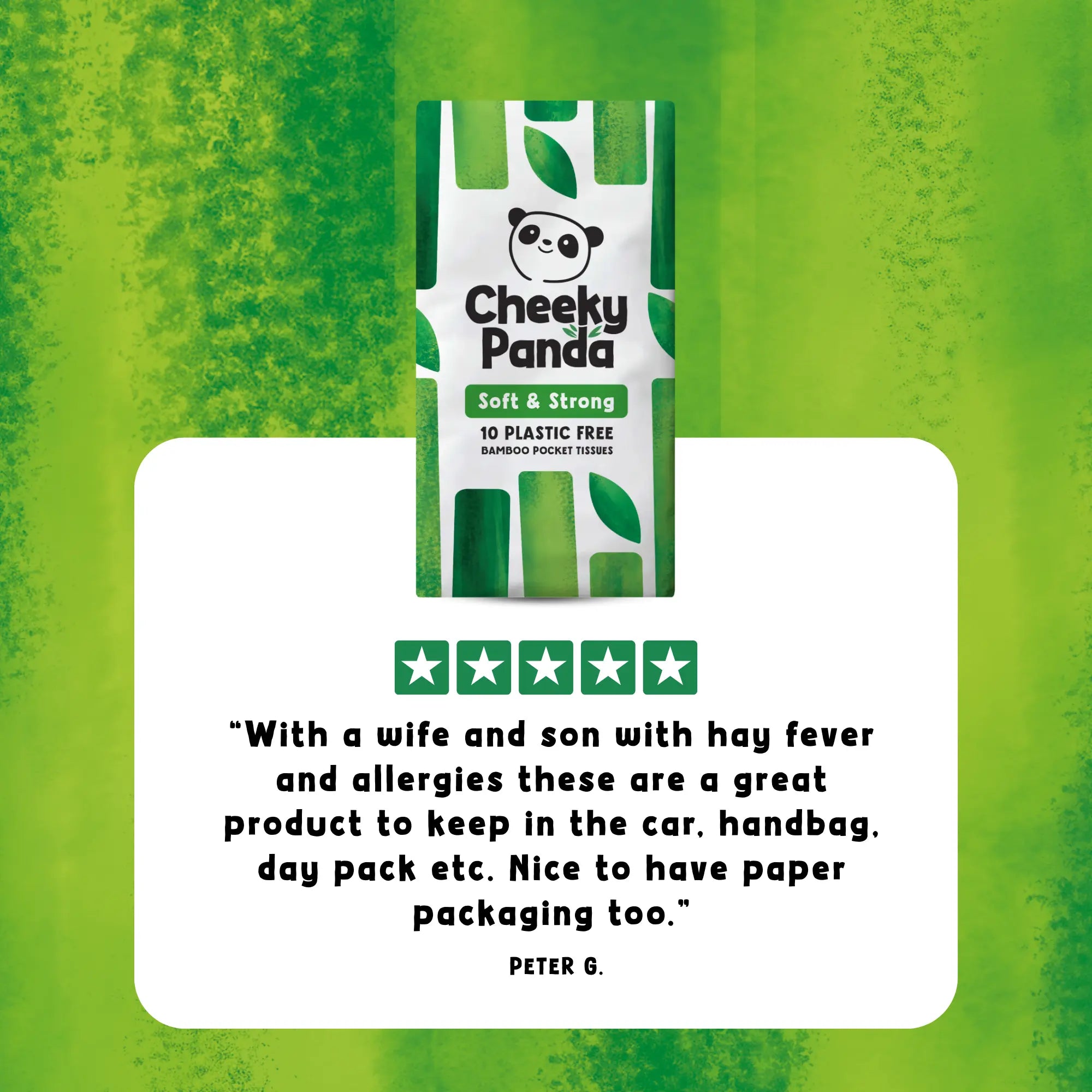 A customer review praising Cheeky Panda tissues for hay fever and allergies, noting the paper packaging.