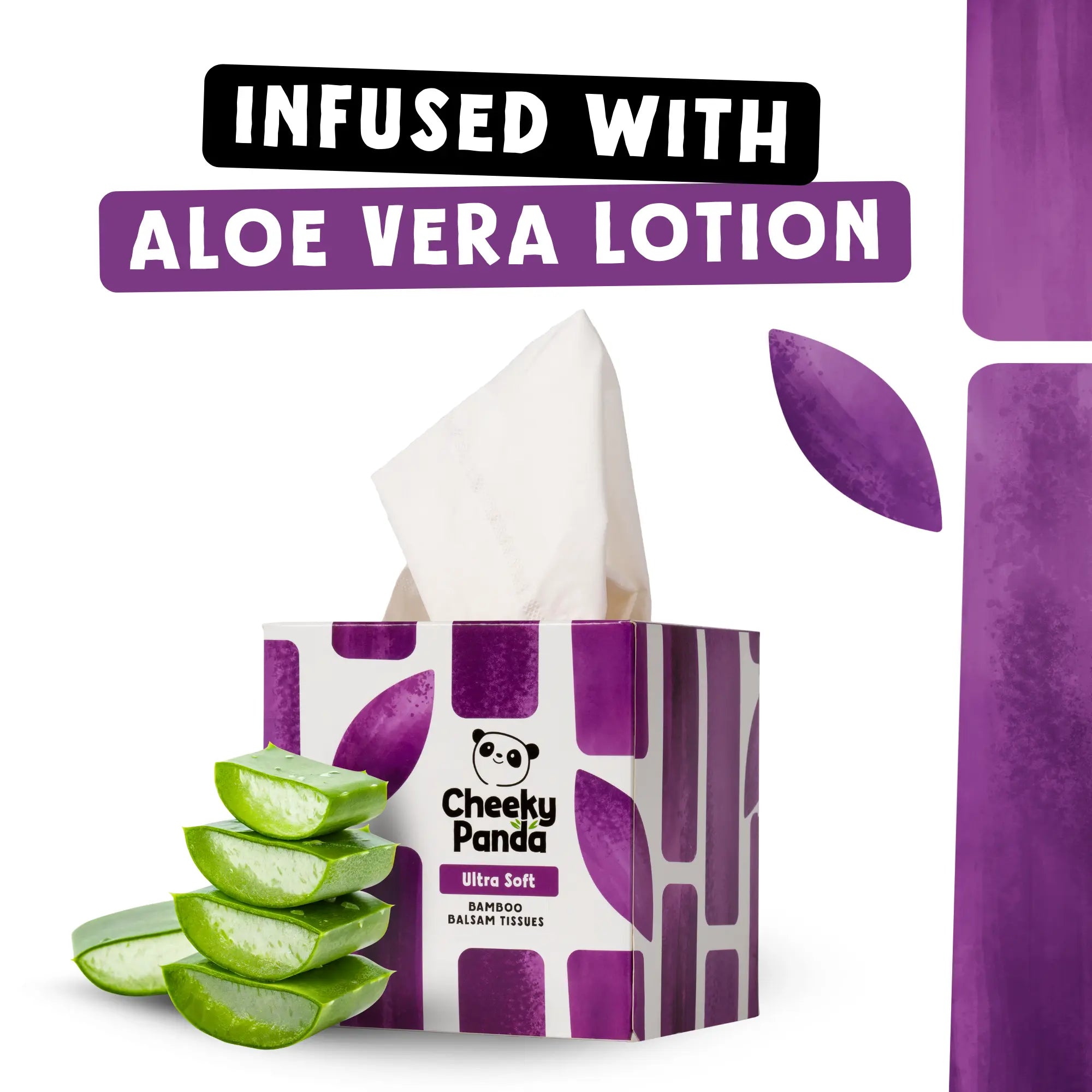 A Cheeky Panda tissue box with aloe vera slices and text 'Infused with aloe vera lotion'.