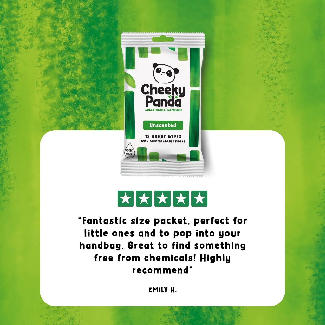 Cheeky Panda hand wipes packet on a green background with a five-star rating and review text.