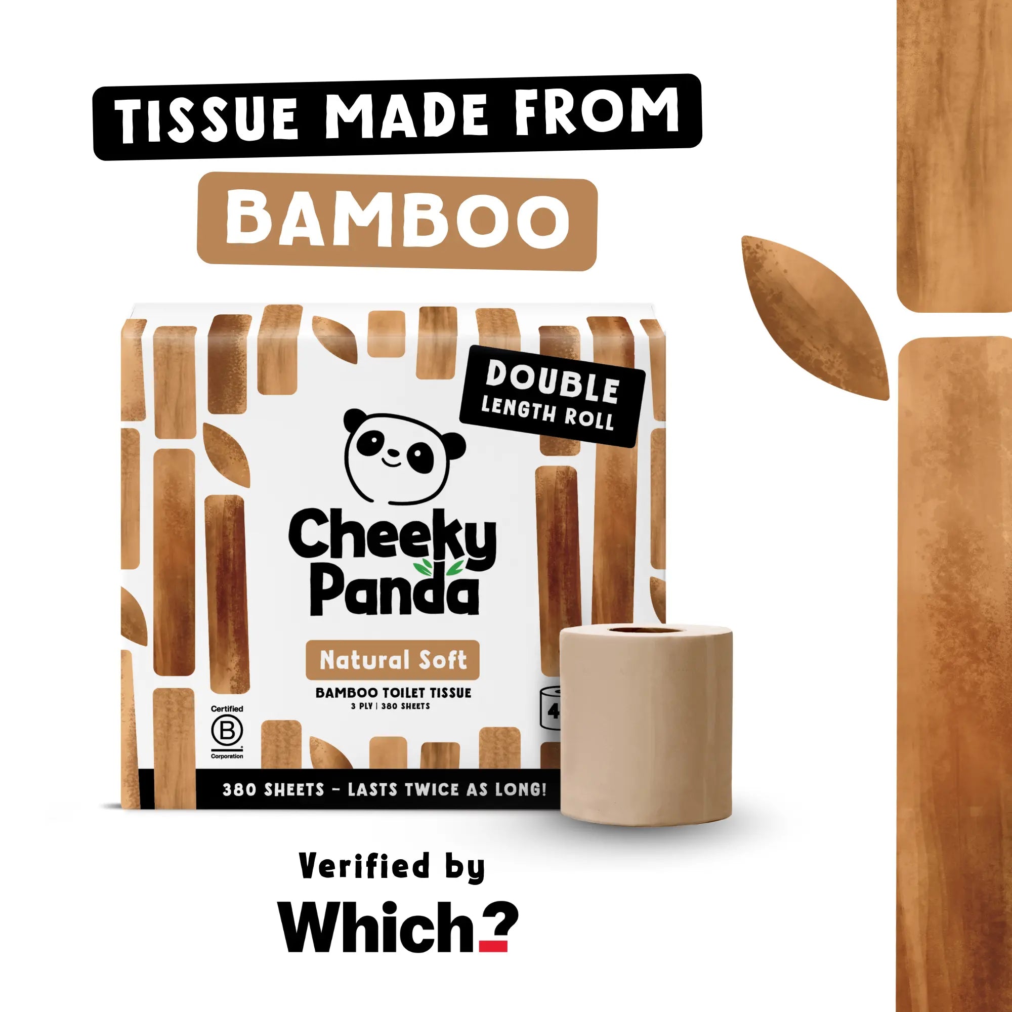 A pack of Cheeky Panda toilet tissue and a roll with text 'Tissue Made From Bamboo Verified by Which?'.
