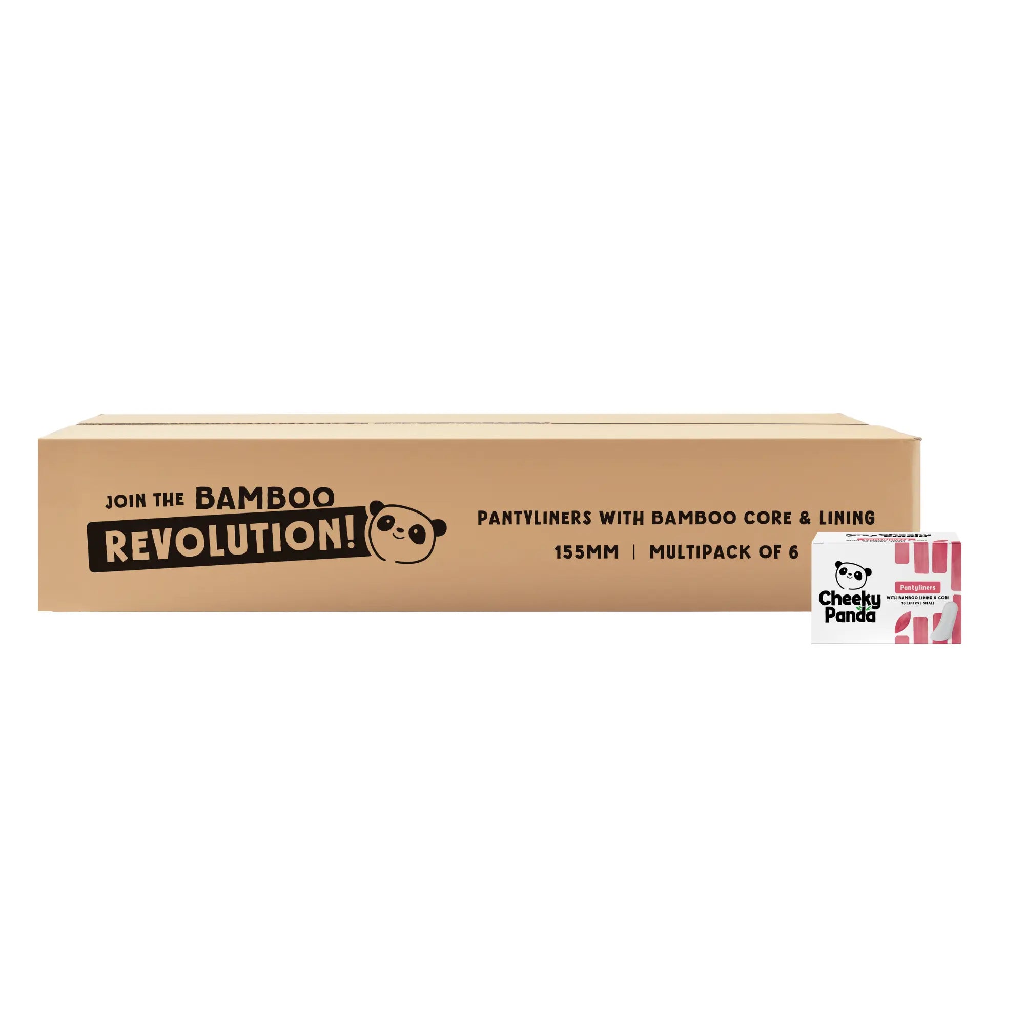 Long brown box of Cheeky Panda pantyliners, 'Join the Bamboo Revolution!' with a small pack.