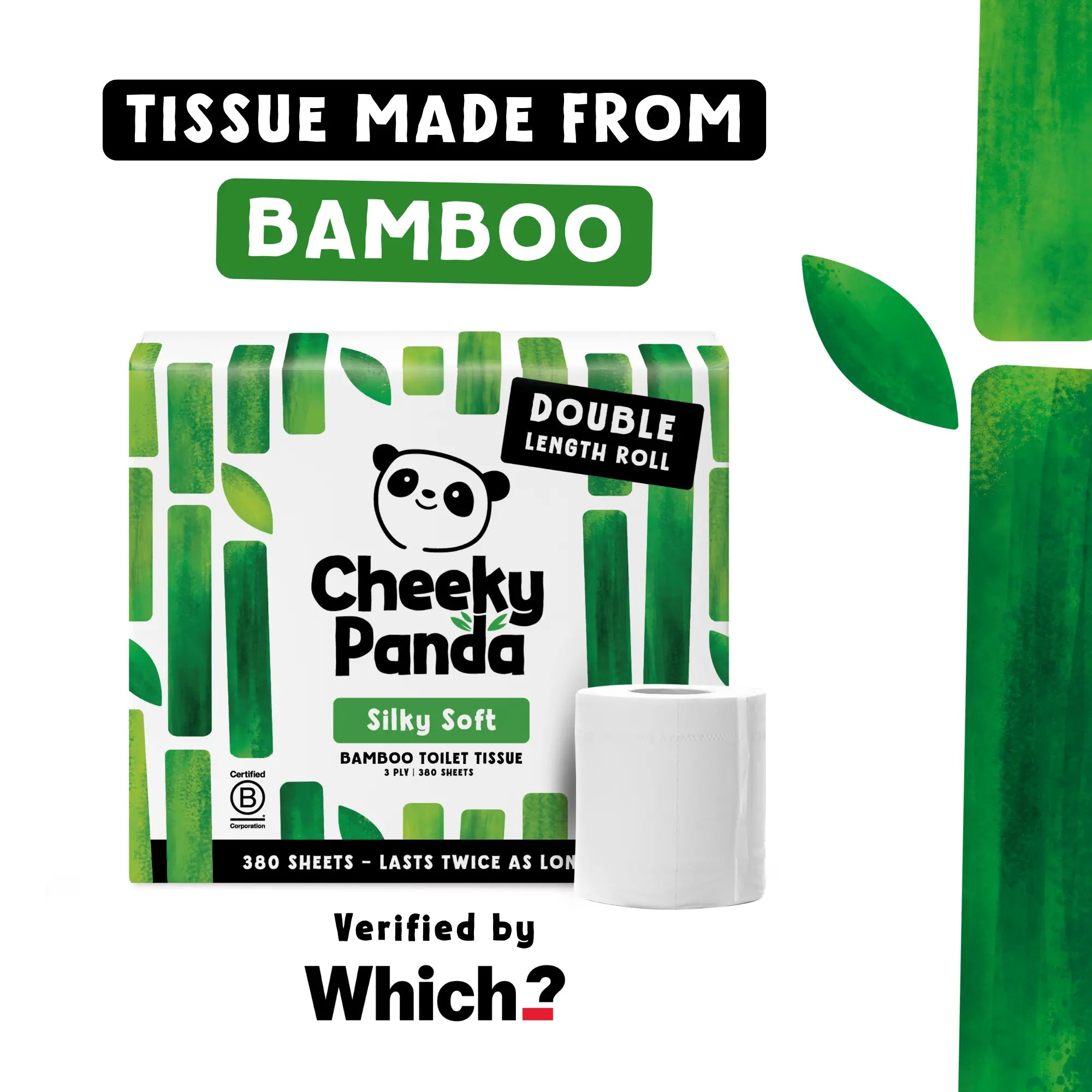 Cheeky Panda Silky Soft bamboo toilet tissue pack and roll, verified by Which?, highlighting 'Tissue made from bamboo'.