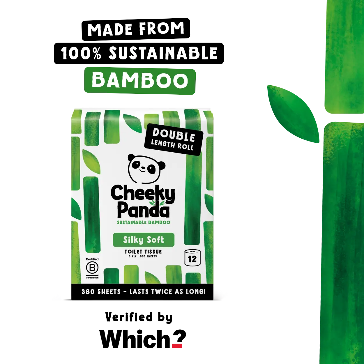 Cheeky Panda toilet tissue packaging with sustainability claims on a white background