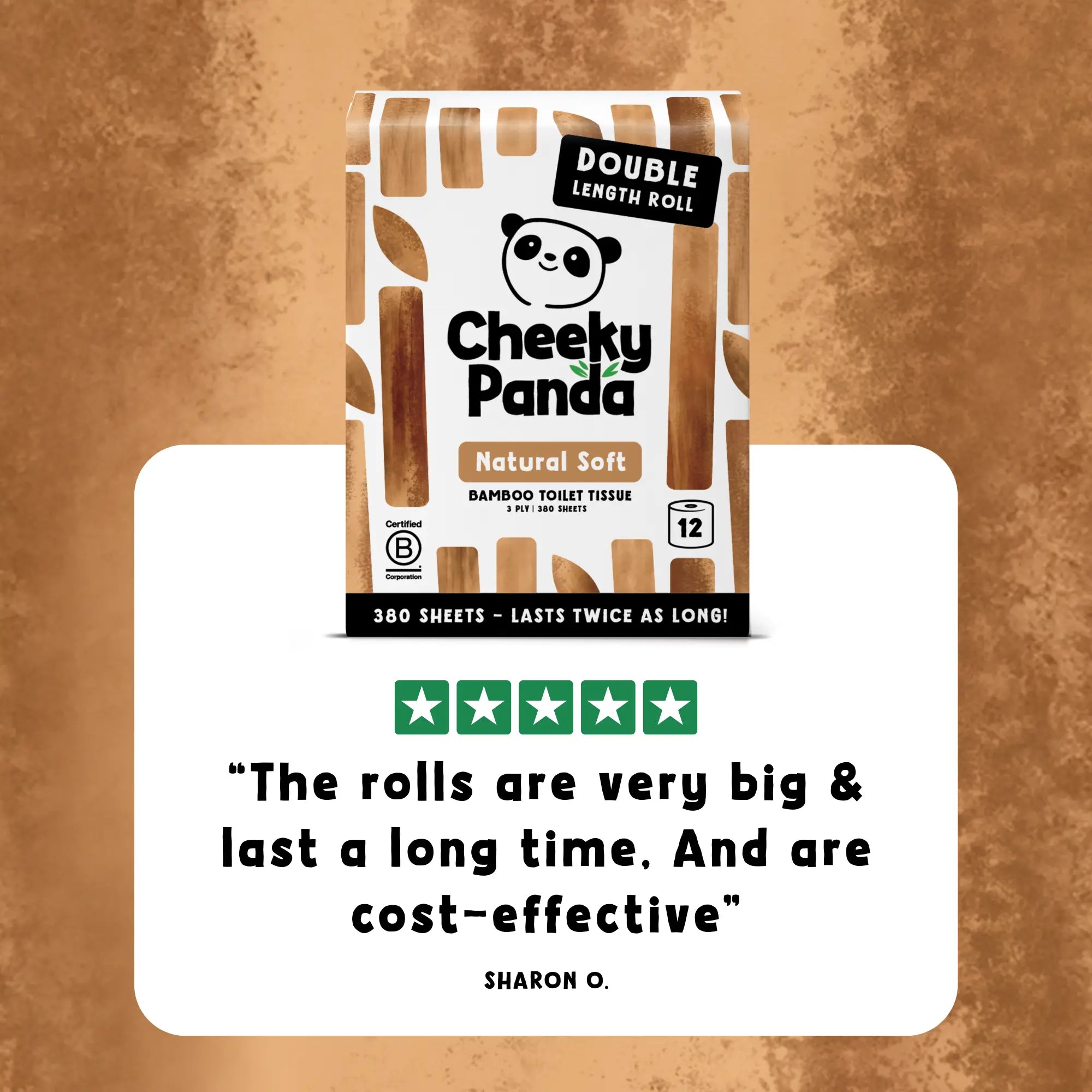A pack of Cheeky Panda toilet tissue with a five-star review: 'The rolls are very big & last a long time. And are cost-effective'.