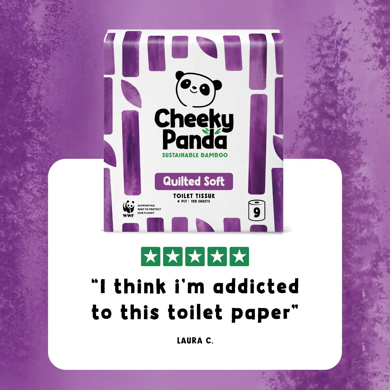 Cheeky Panda quilted toilet paper package with a purple background and, 5-star rating and customer review quote.