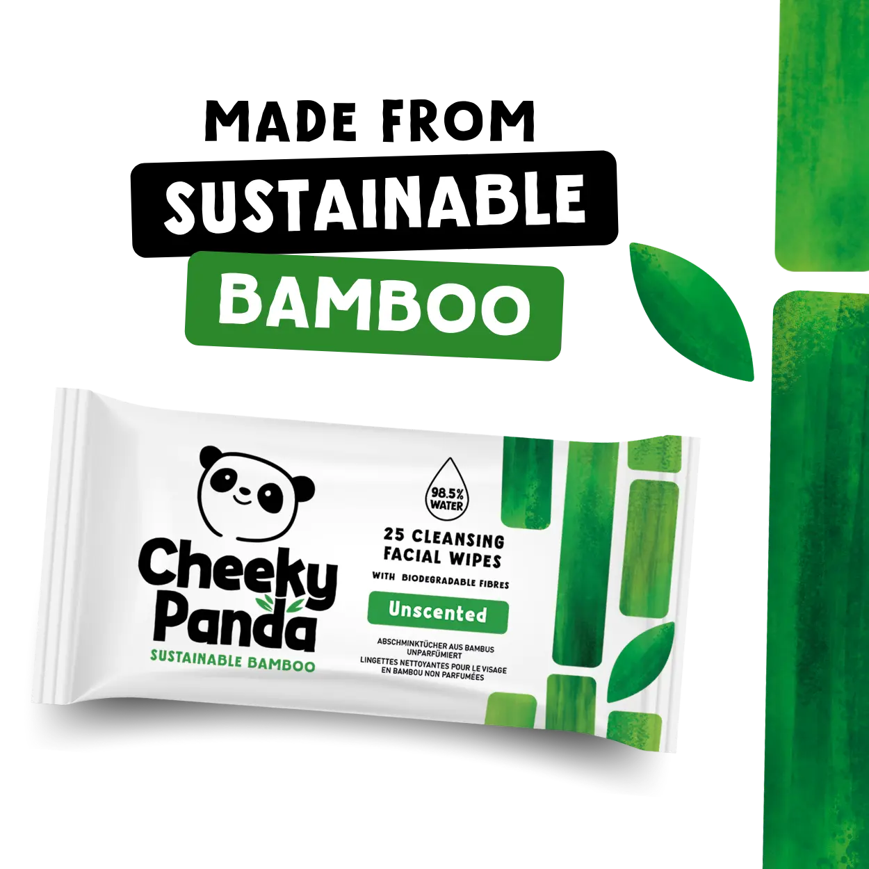 Cheeky Panda facial wipes packaging with sustainable bamboo text on a green background