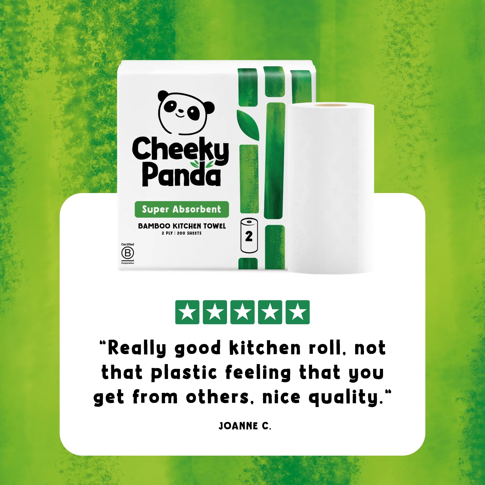 Cheeky Panda kitchen towel packaging and roll with a customer review: 'Really good kitchen roll, not that plastic feeling that you get from others, nice quality'.