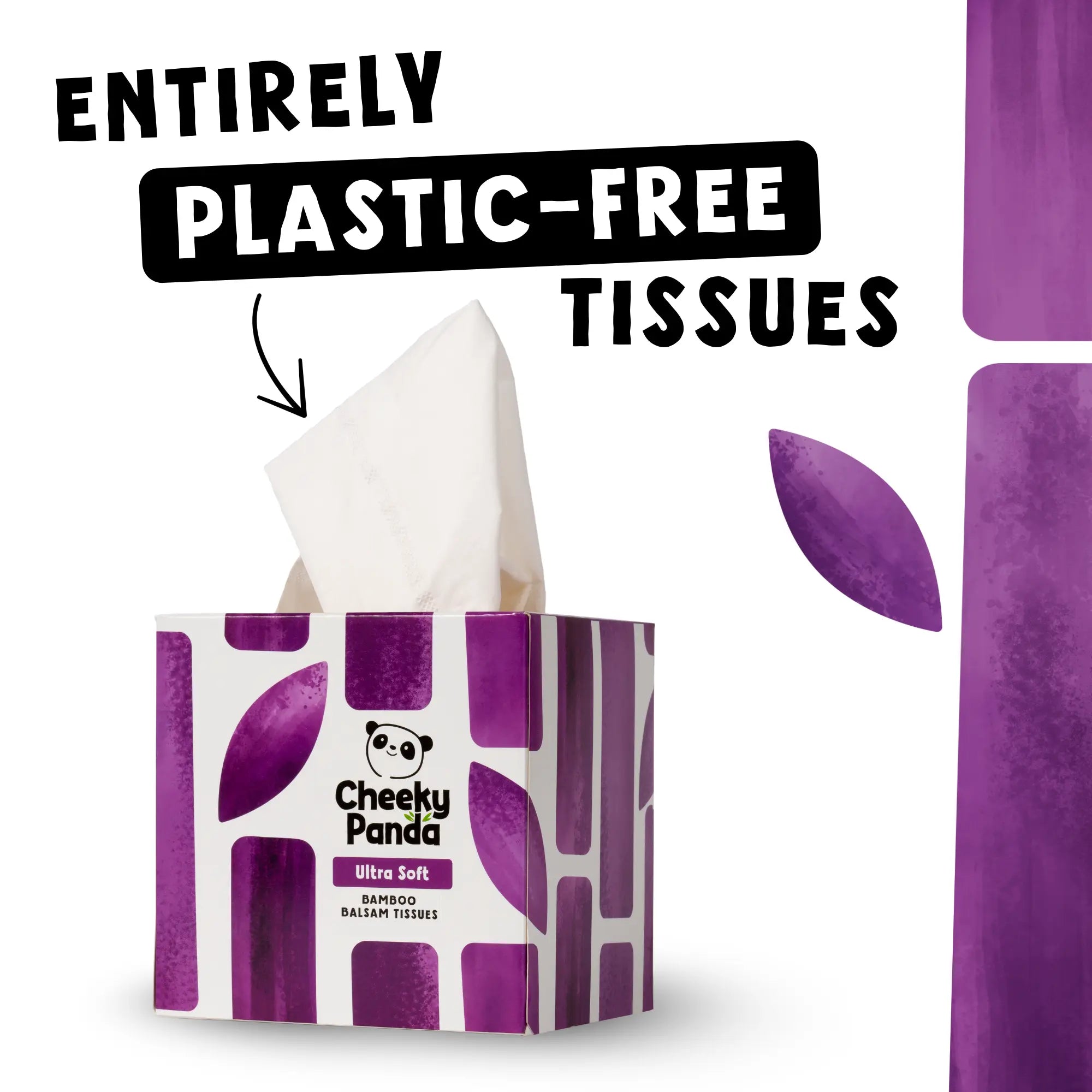 A Cheeky Panda tissue box with text 'Entirely plastic-free tissues' and an arrow pointing to the box.