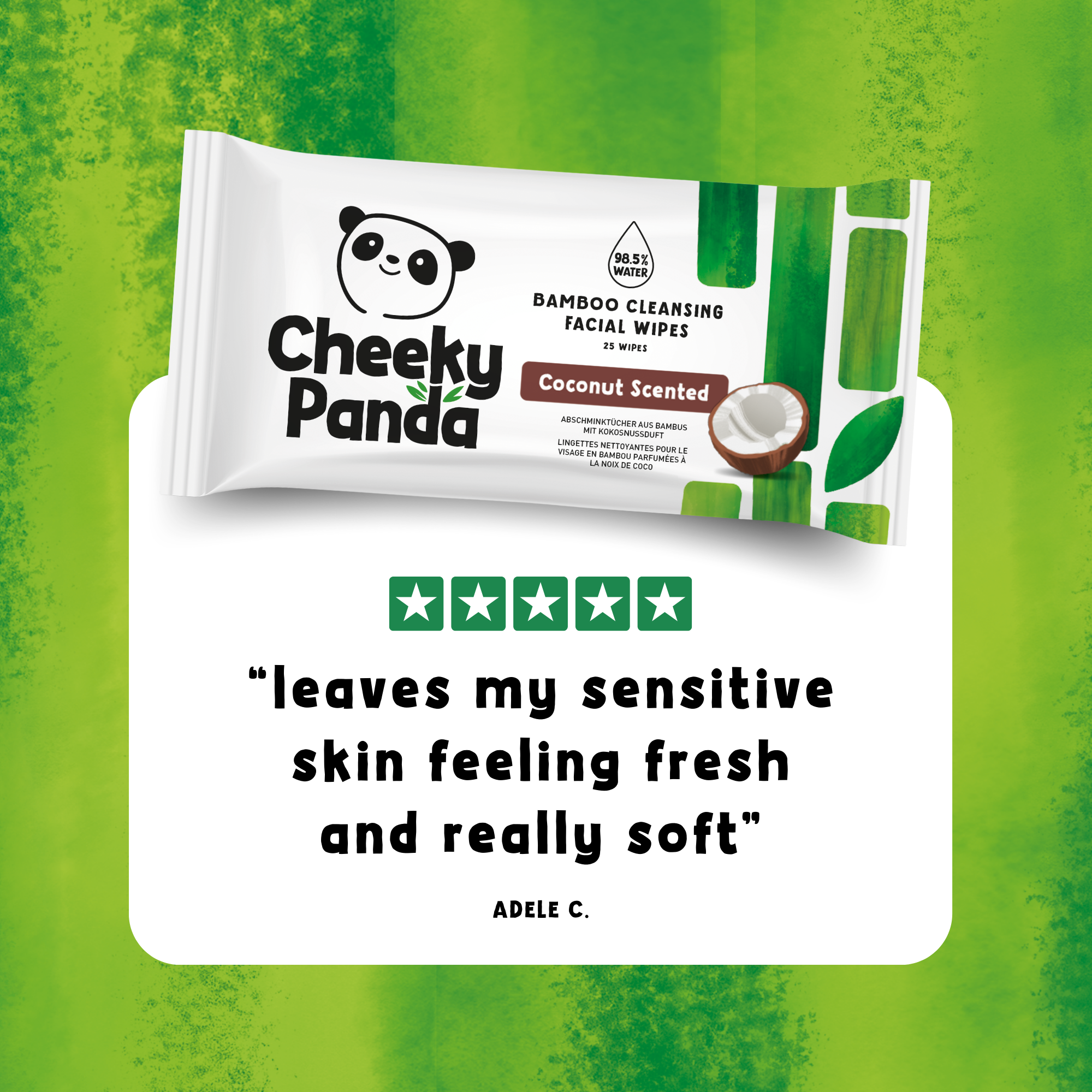 A pack of Cheeky Panda coconut facial wipes with a five-star review from Adele C.