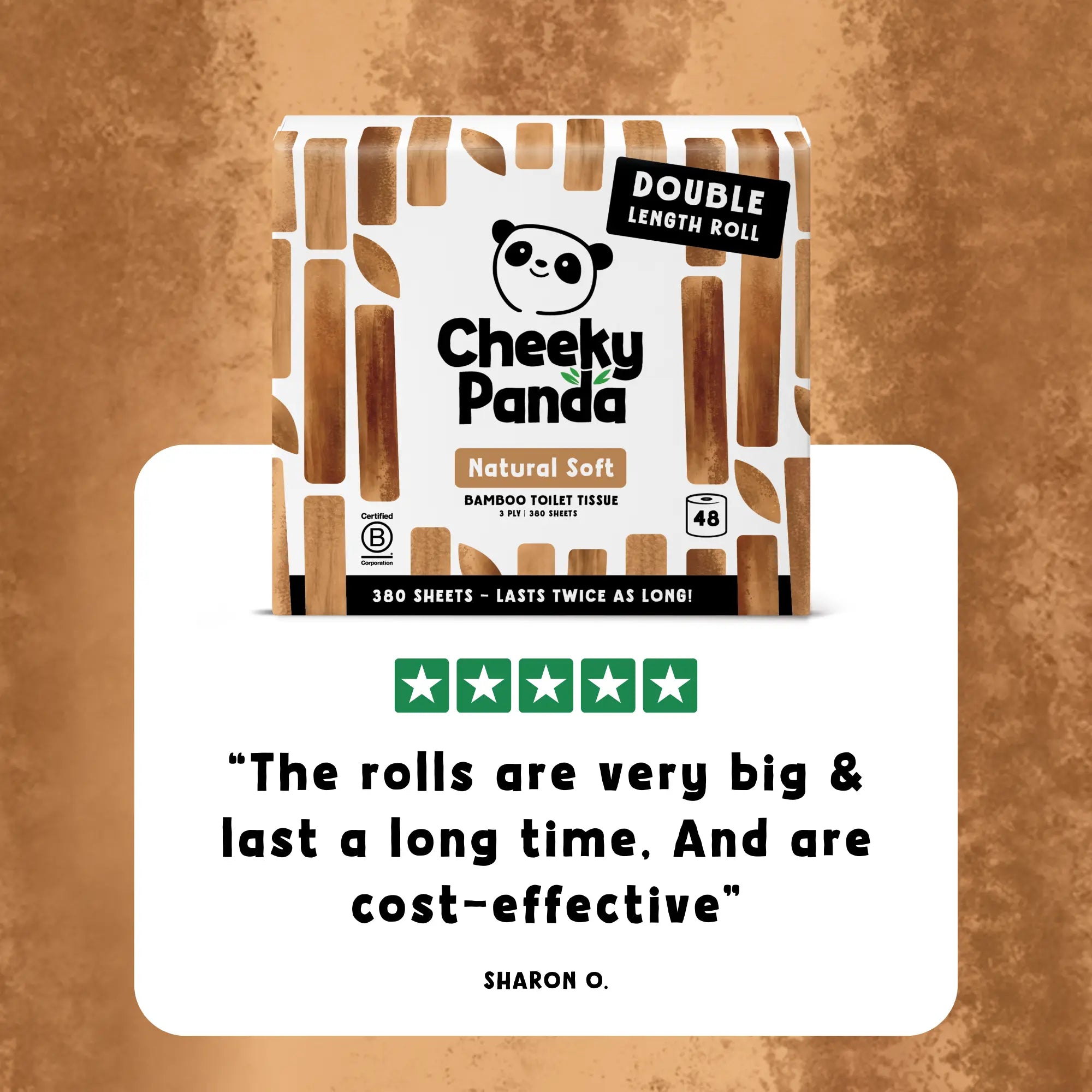 A pack of Cheeky Panda toilet tissue with a five-star review: 'The rolls are very big & last a long time. And are cost-effective'.