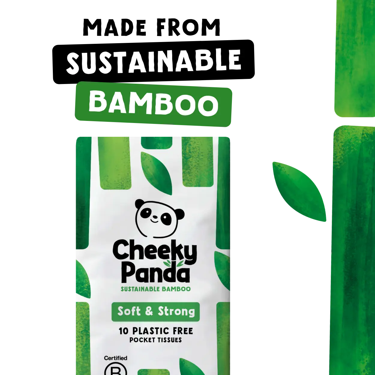 Cheeky Panda pocket tissues packaging with sustainable bamboo text and green leaves.