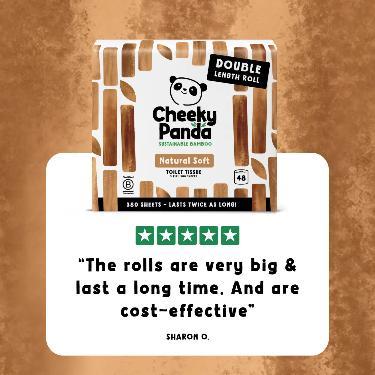 Cheeky Panda toilet paper package on a brown background with customer review text.