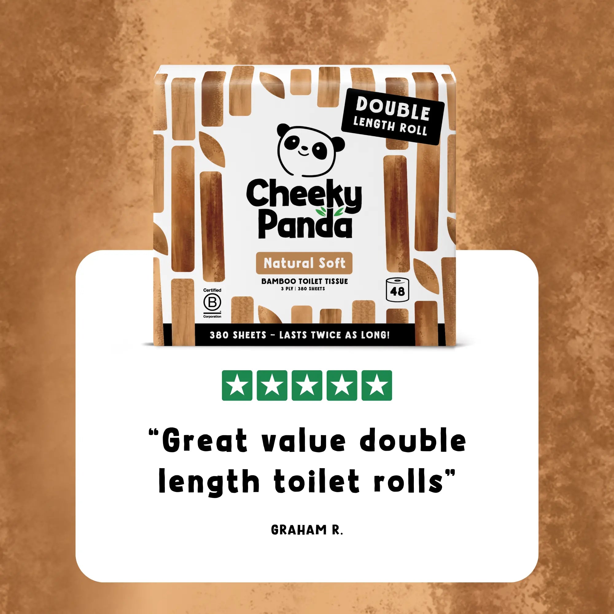 A pack of Cheeky Panda toilet tissue with a five-star review: 'Great value double length toilet rolls'.