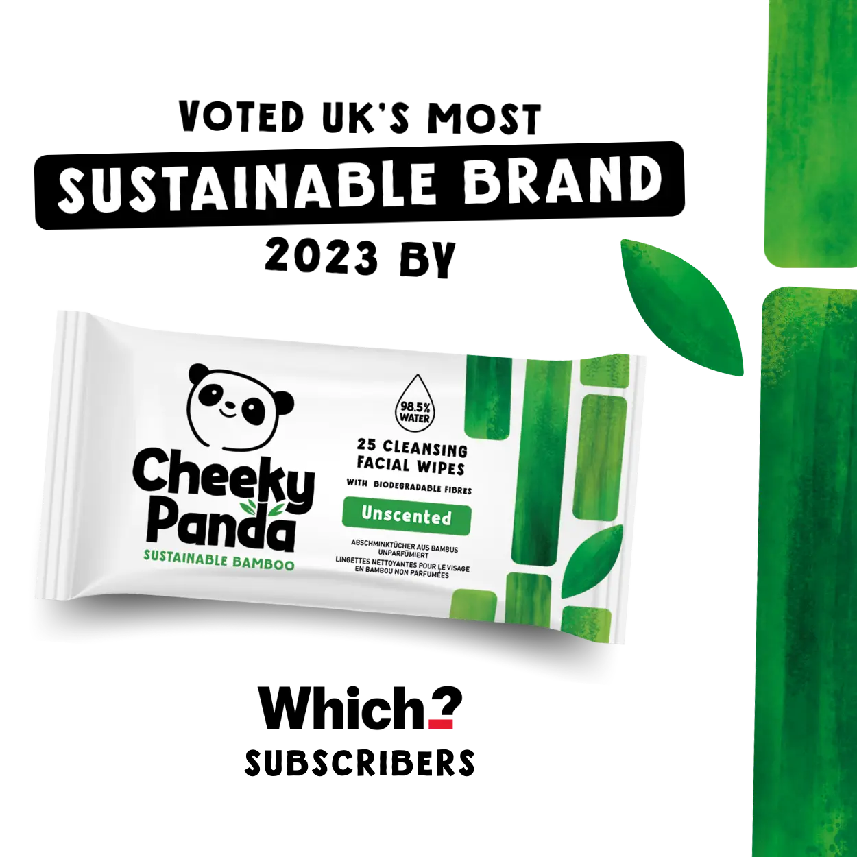 Cheeky Panda sustainable bamboo facial wipes packaging with branding and certification details on a white background.