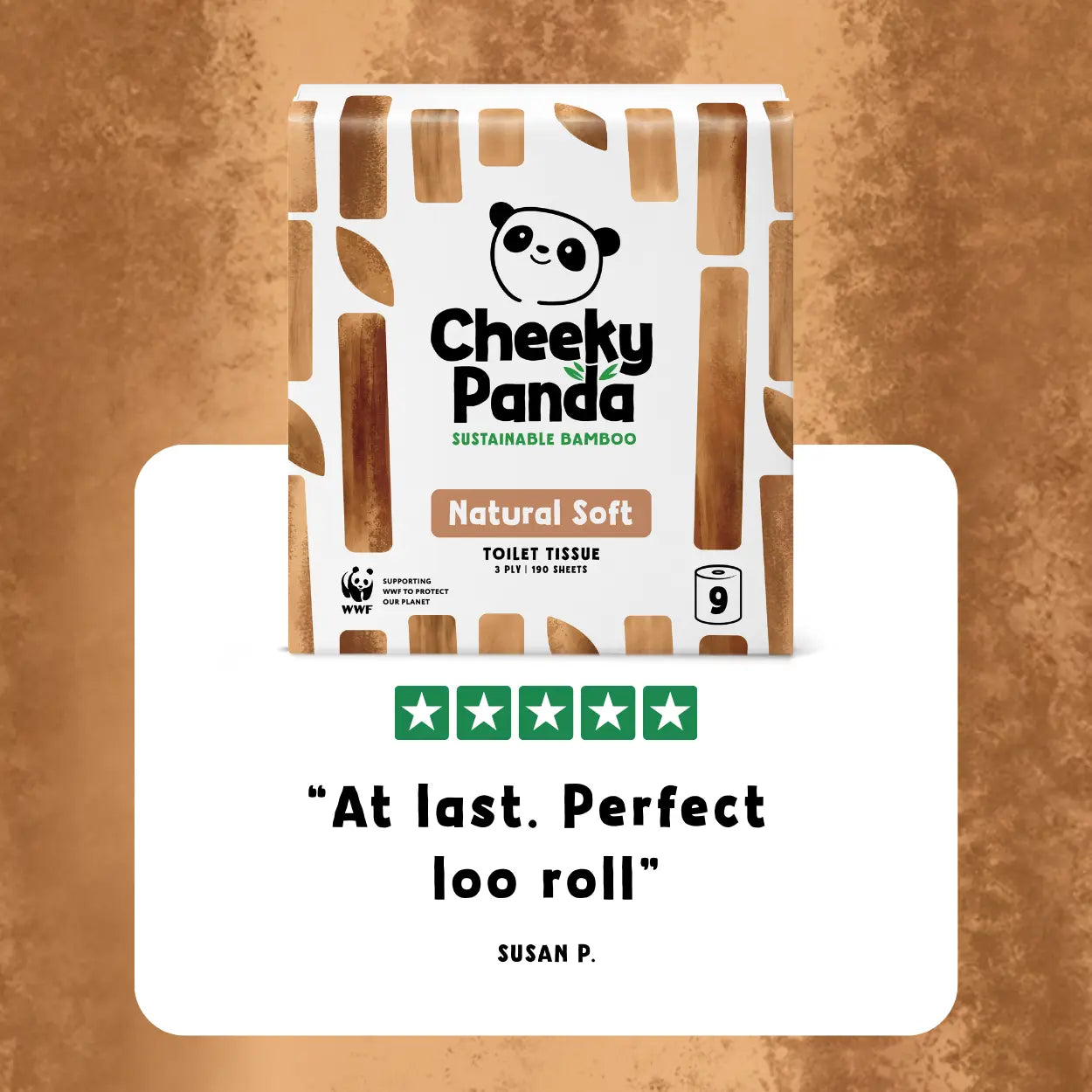Cheeky Panda unbleached toilet paper pack with a 5-star rating and customer review quote on a brown background