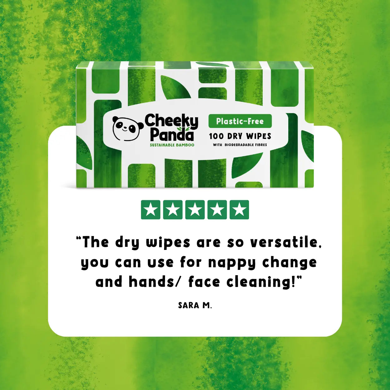 Cheeky Panda plastic-free dry wipes packaging on a green background with a  5-star customer review.