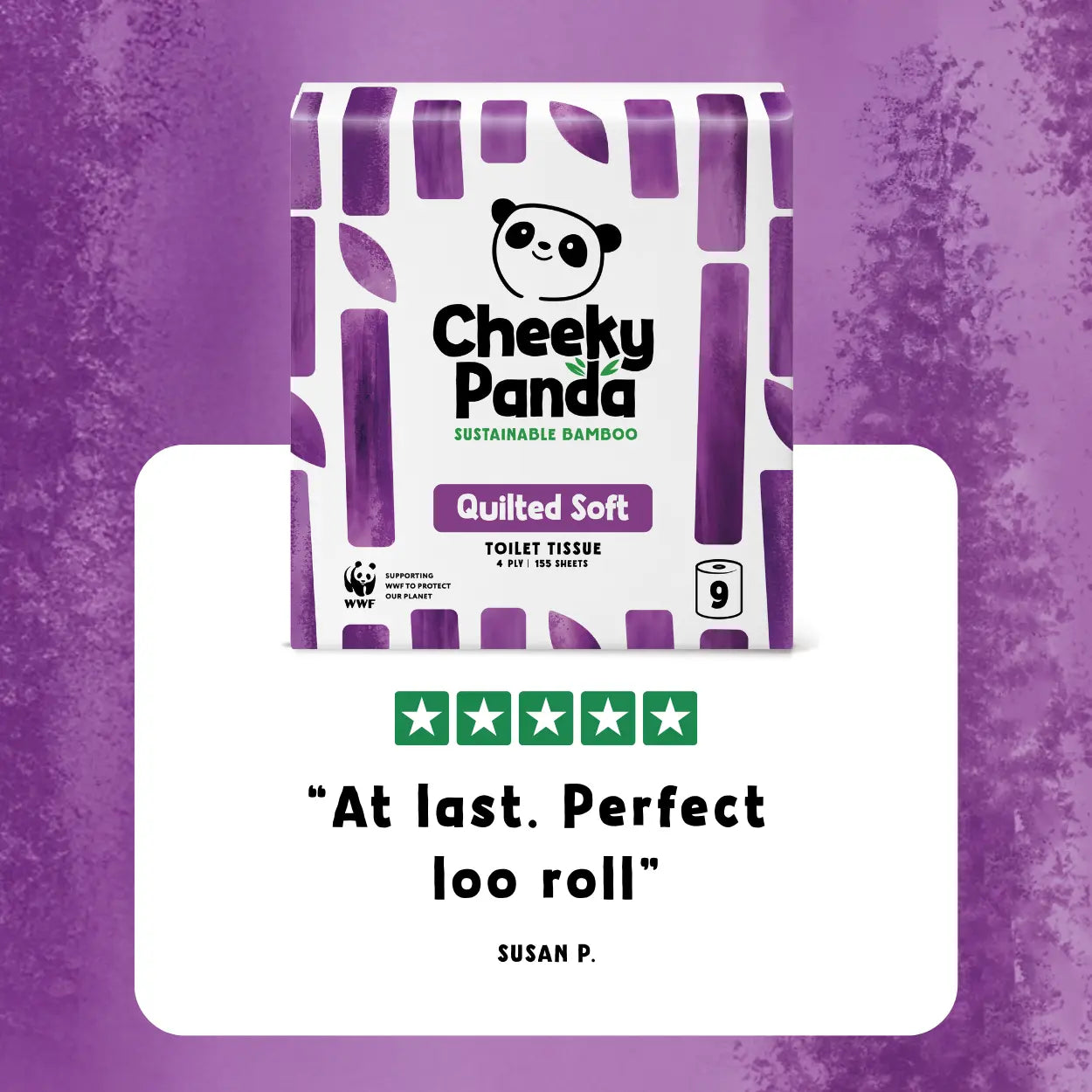 Pack of Cheeky Panda quilted toilet paper with a purple background, customer review quote and 5-star rating
