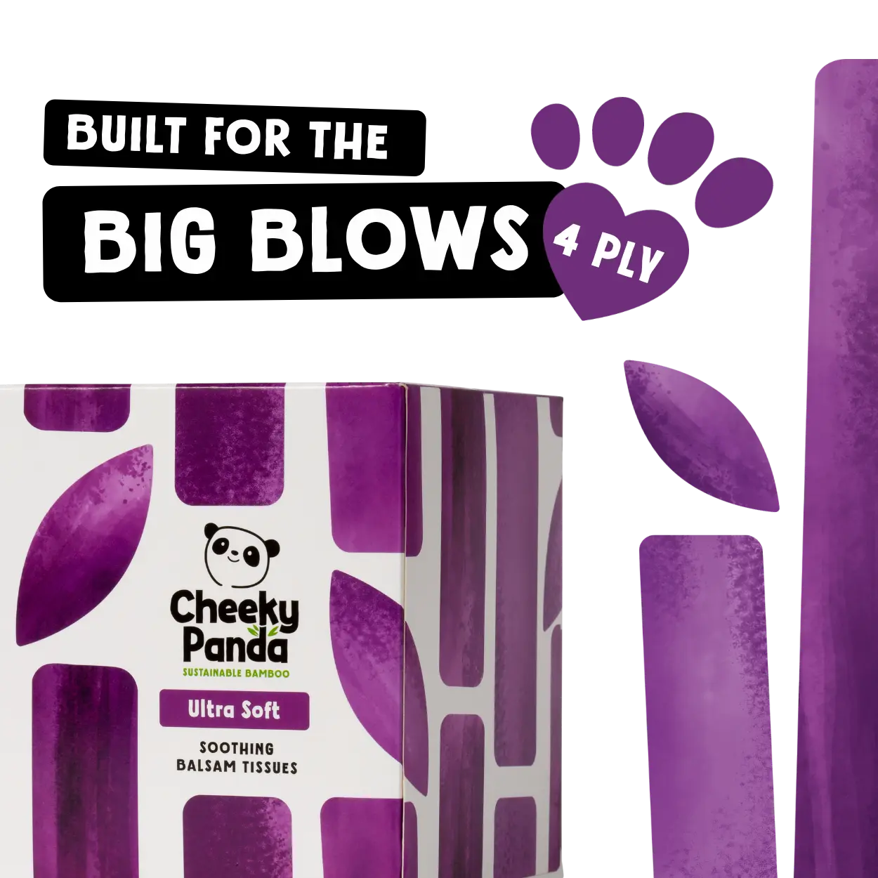 Cheeky Panda tissue box with purple print and branding on a white background
