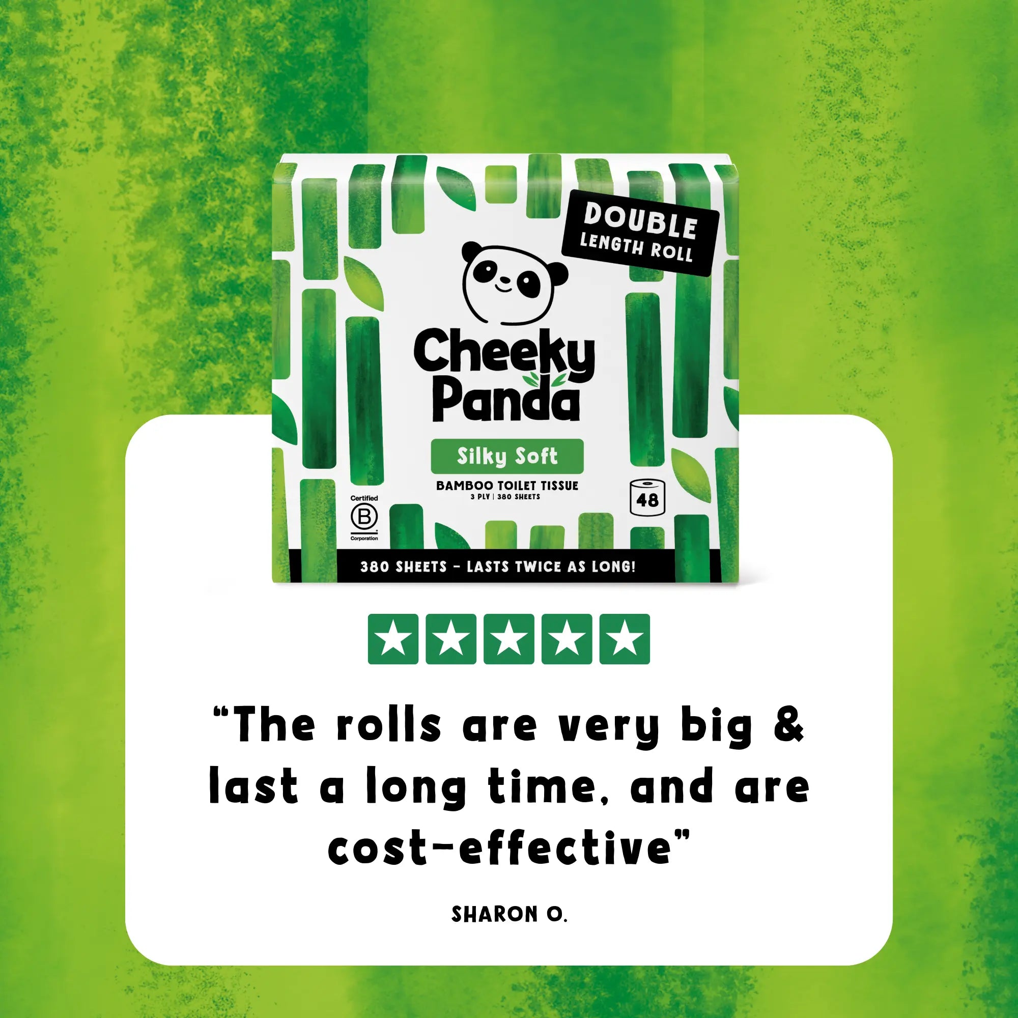 Cheeky Panda toilet tissue pack with a five-star review: 'The rolls are very big & last a long time, and are cost-effective'.