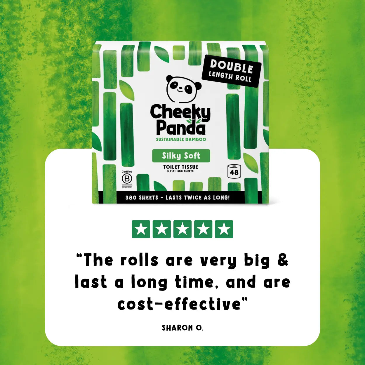 Cheeky Panda toilet paper package on a green background with customer 5-star review text.