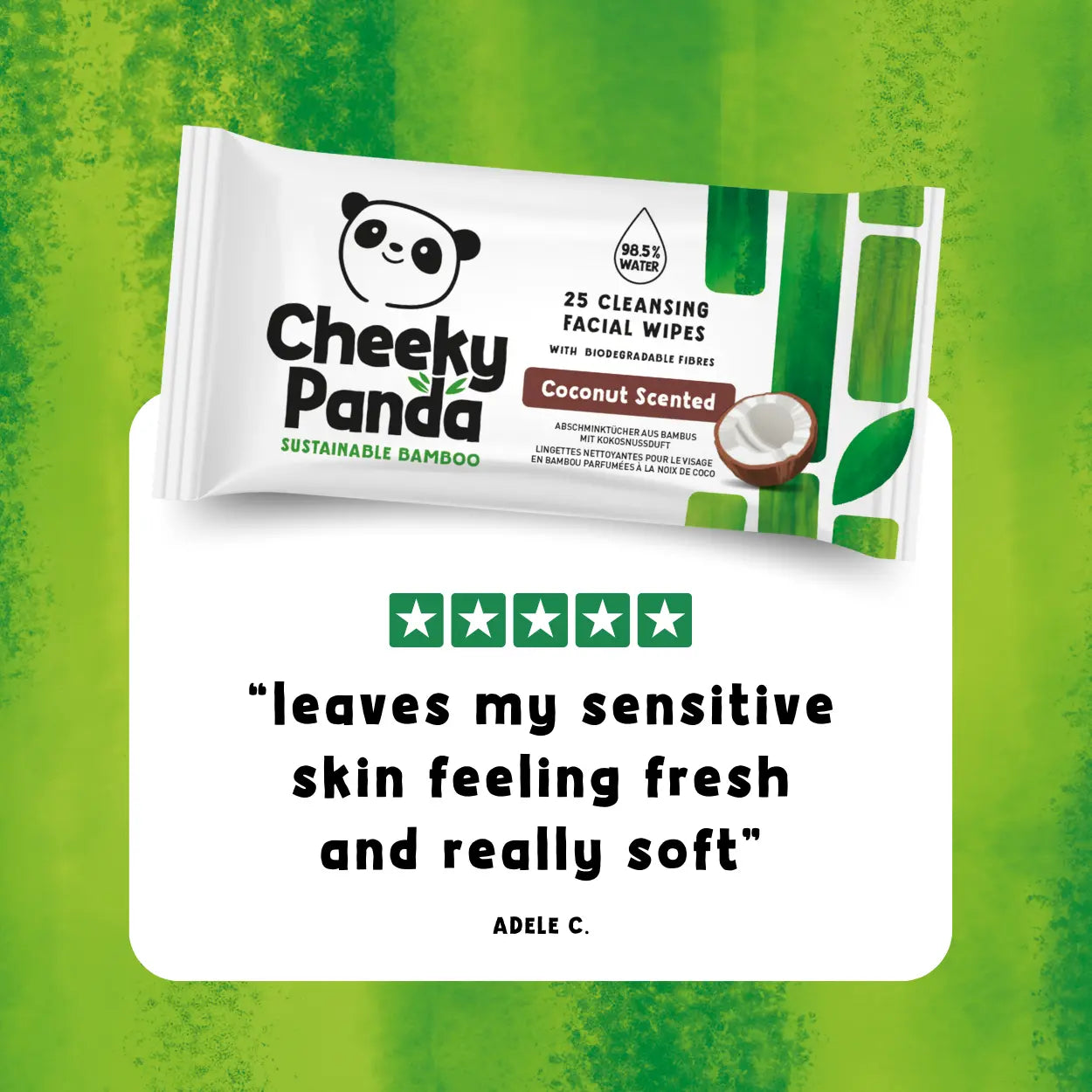Cheeky Panda facial wipes packaging on a green background with a customer five-star rating and review quote.