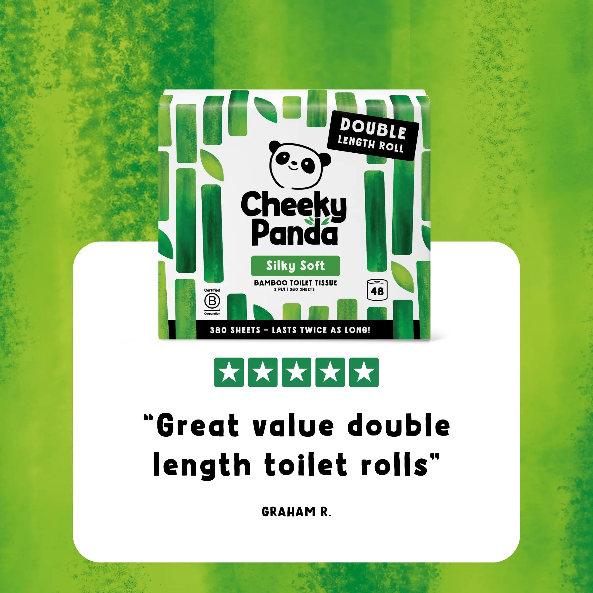 Cheeky Panda toilet tissue pack with a five-star review: 'Great value double length toilet rolls' by Graham R.