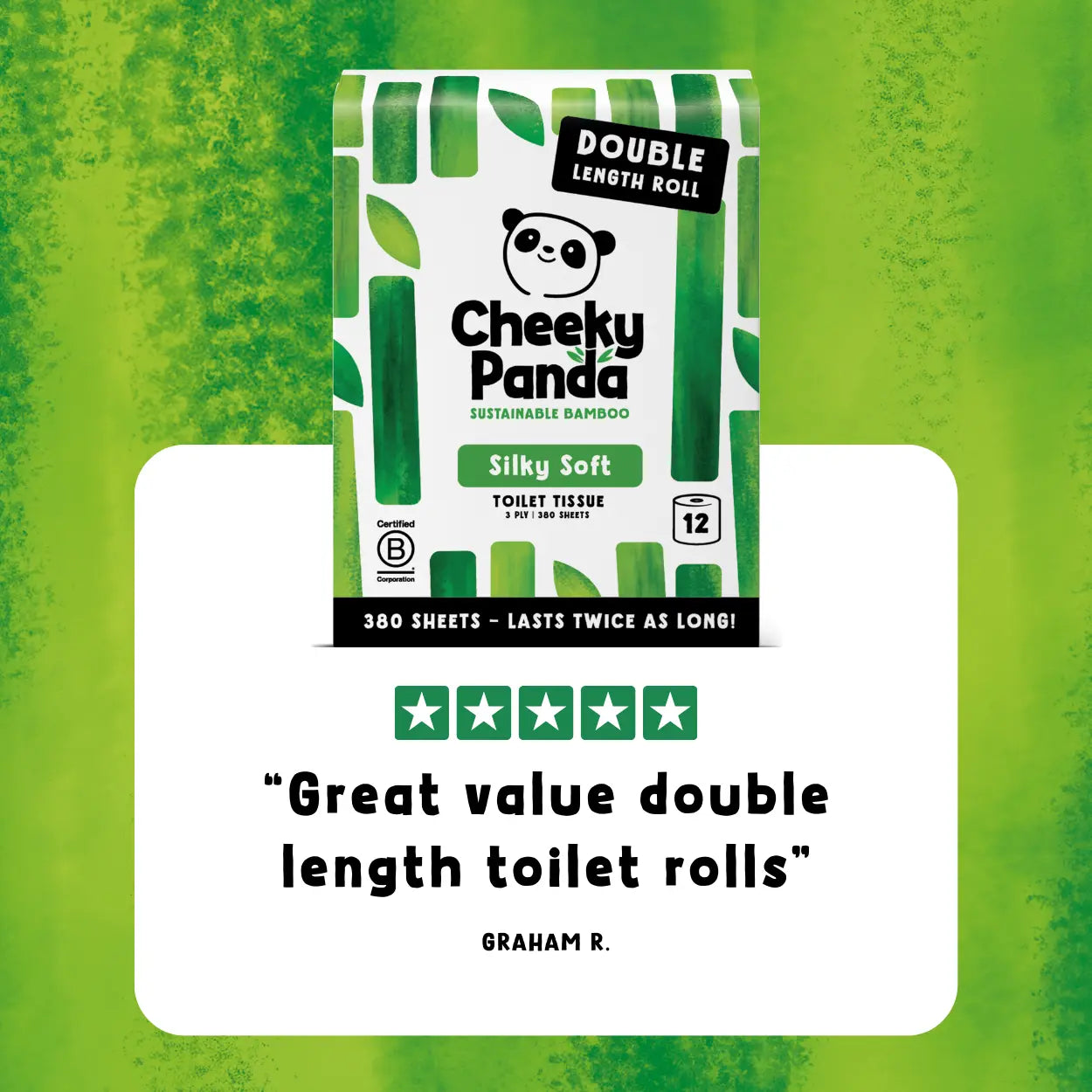 Cheeky Panda toilet paper package on a green background with a five-star rating and customer review.