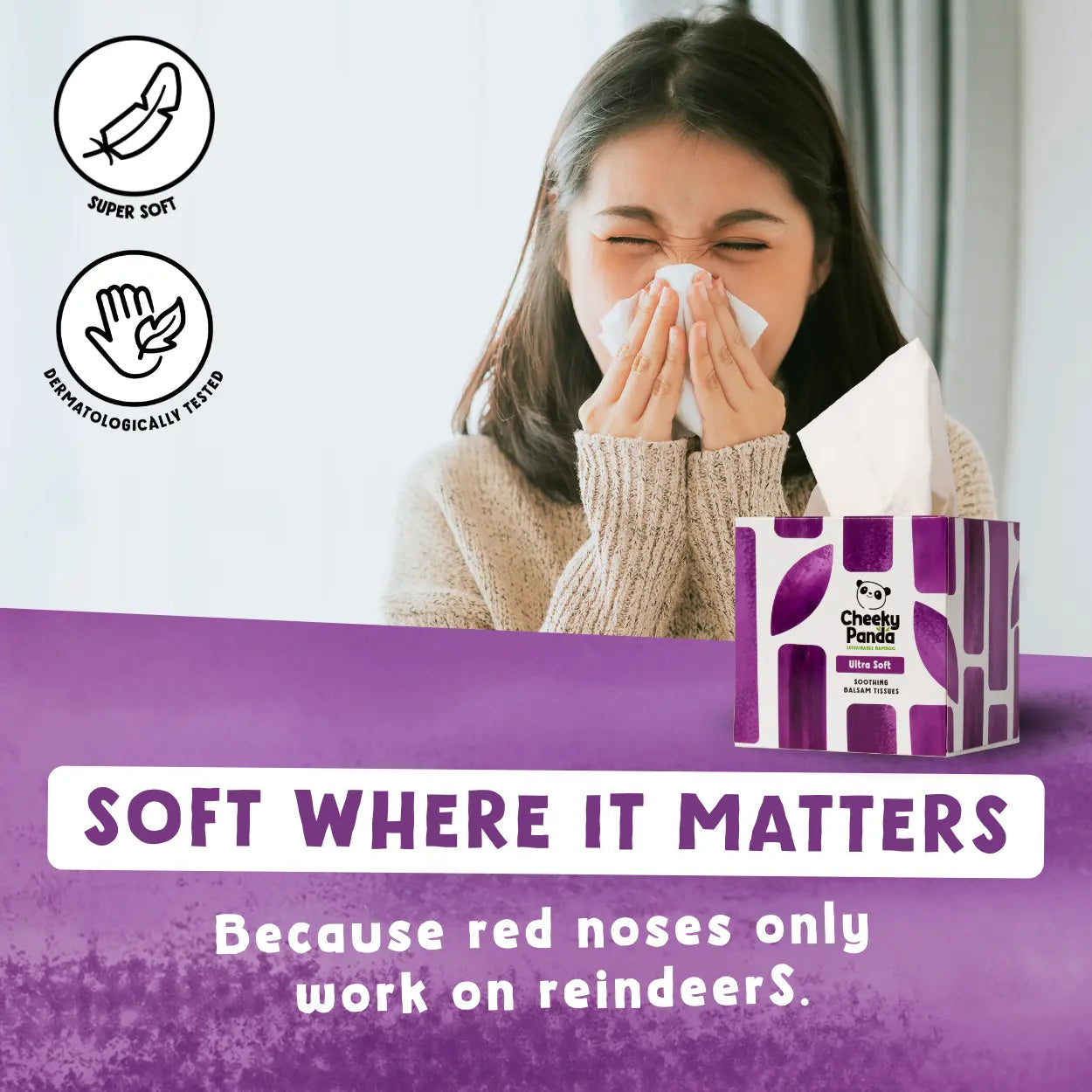 Person using tissues with a Cheeky Panda tissue box and text 'Soft where it matters' on a purple background.