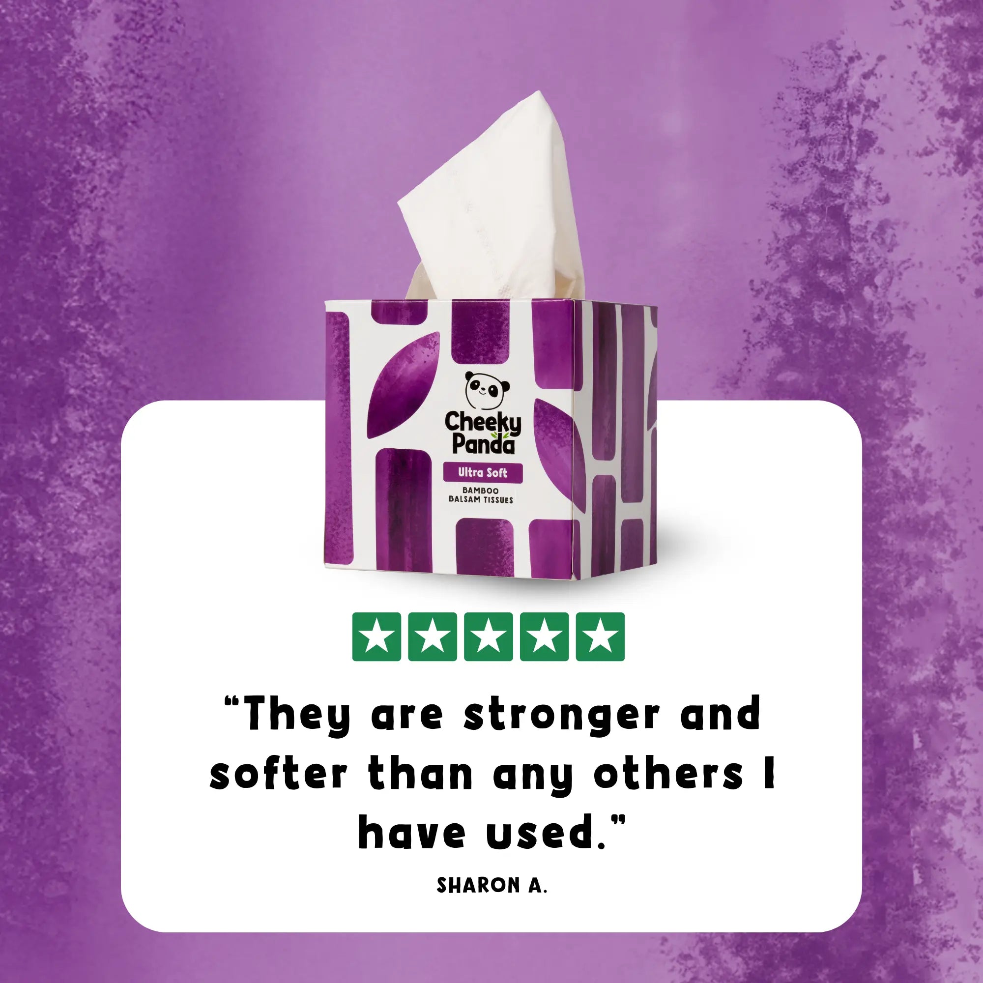 A Cheeky Panda tissue box with a five-star review from Sharon A. on a purple background.