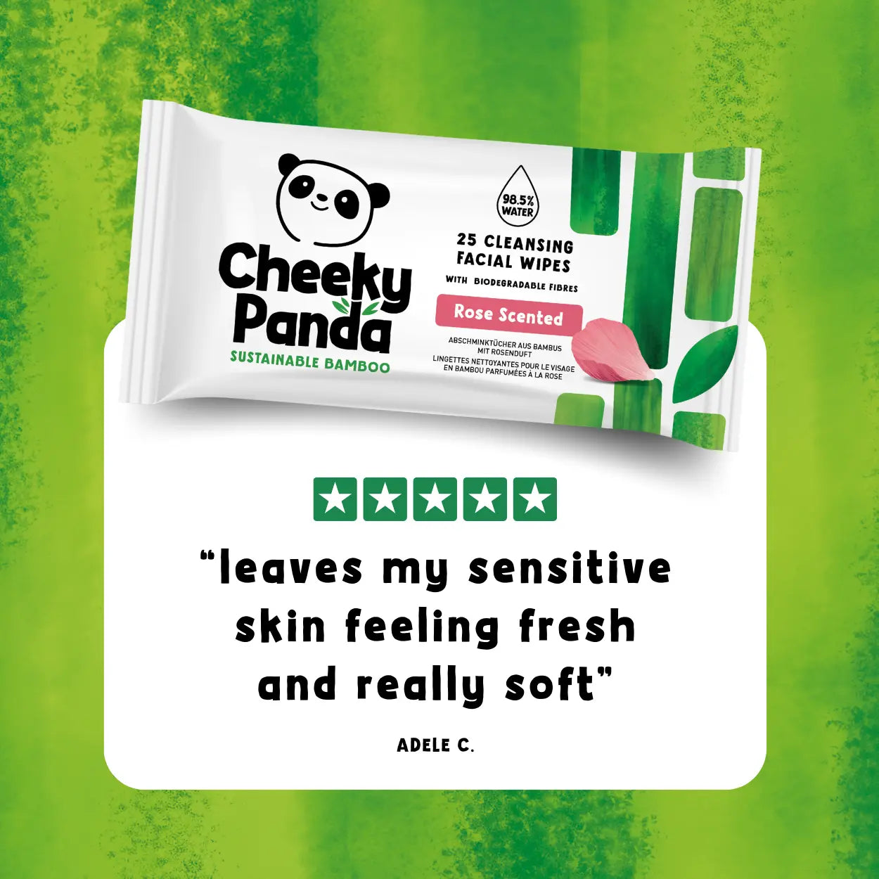 Cheeky Panda facial wipes packaging on a green background with a customer five-star rating and review quote.