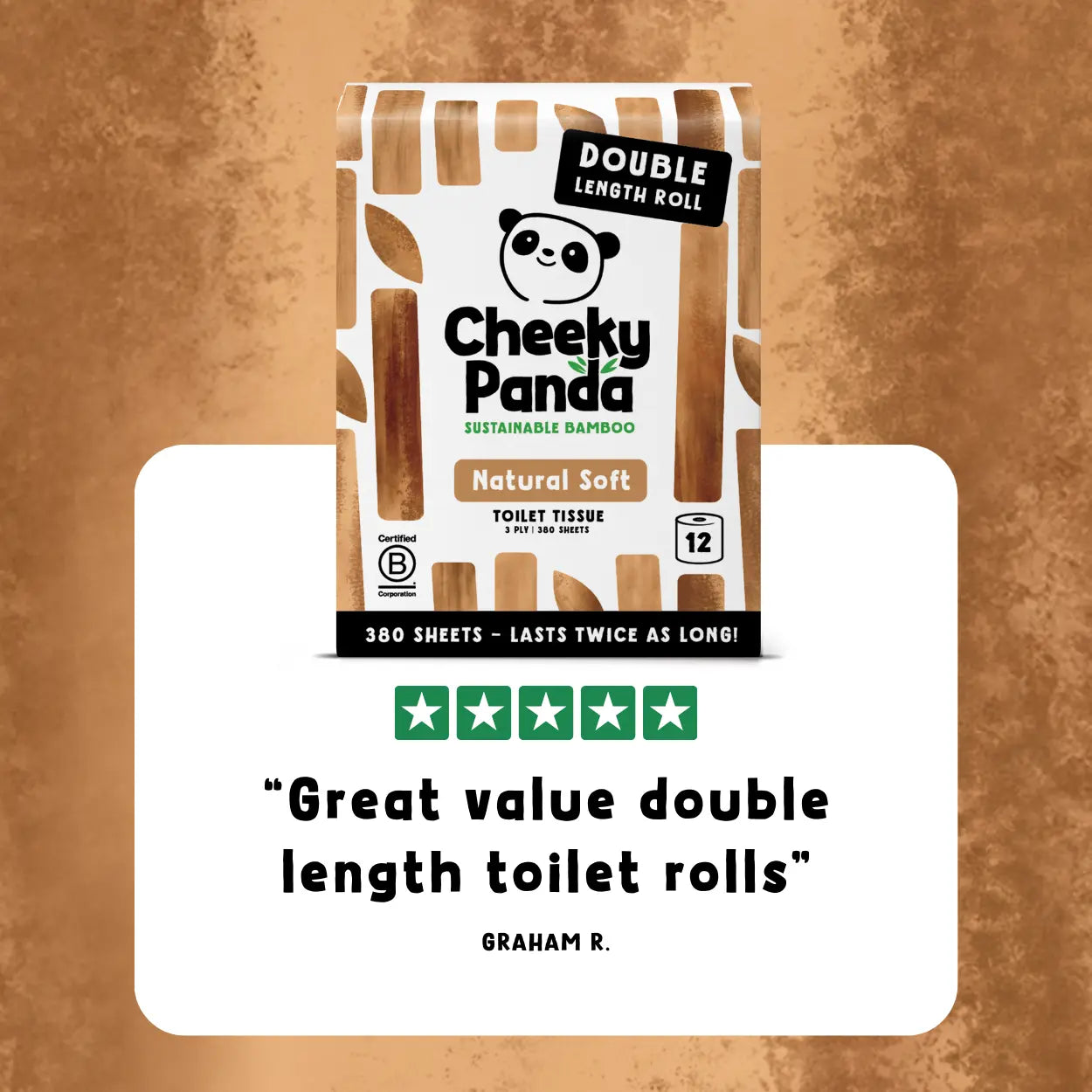 Cheeky Panda toilet paper package on a brown background with a customer review quote and five-star rating.