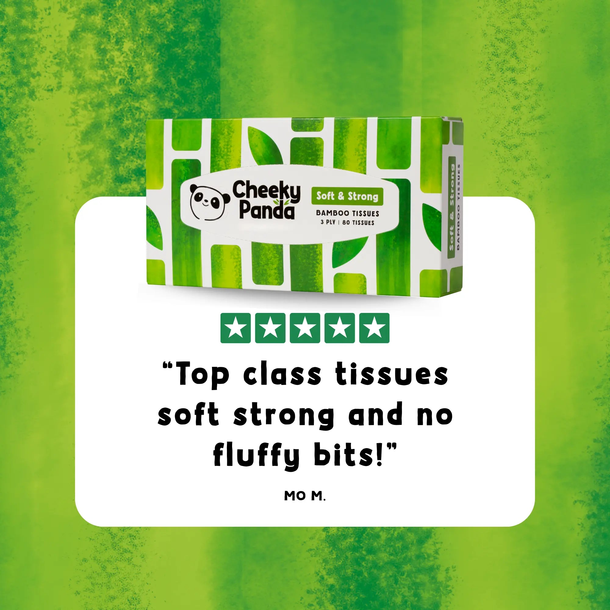 Cheeky Panda tissue box with a five-star review: 'Top class tissues soft strong'.